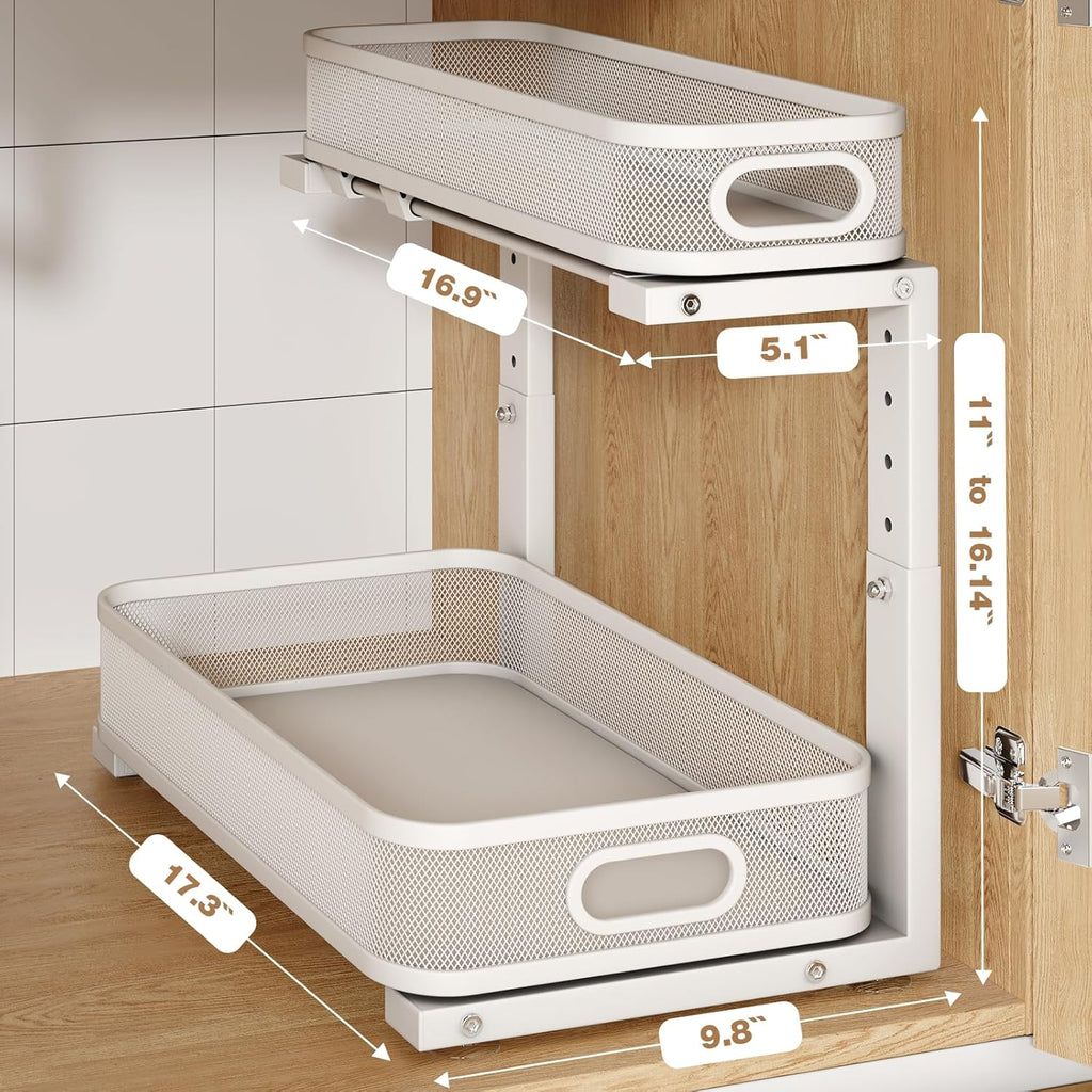2 Pack 17.3IN-Depth Under Sink Organizer with Smooth Cylindrical Rail,2-Tier Pull Out Multi-Purpose Cabinet Storage for Bathroom&Kitchen,Height Adjustable,Rust-Resistant Coating-White