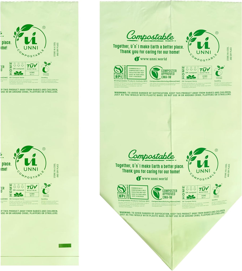 UNNI Compostable Trash Bags, 13 Gallon / 49.2 Liter, 50 Count, Extra Thick 0.9 Mil Tall Kitchen Food Scrap Bin Liners, Certified by BPI, CMA & OK compost HOME, Meets the ASTM D6400 Standard