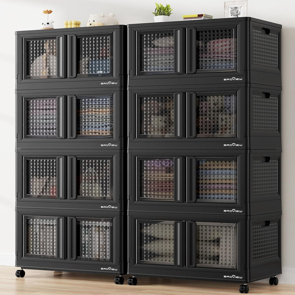 BROVIEW 160Gal Stackable Storage Bins with Lids & Wheels, 640Qt Plastic Collapsible Closet Organizer and Storage Drawers, Storage Boxes Cabinets for Home, Office, 8 Pack, Black