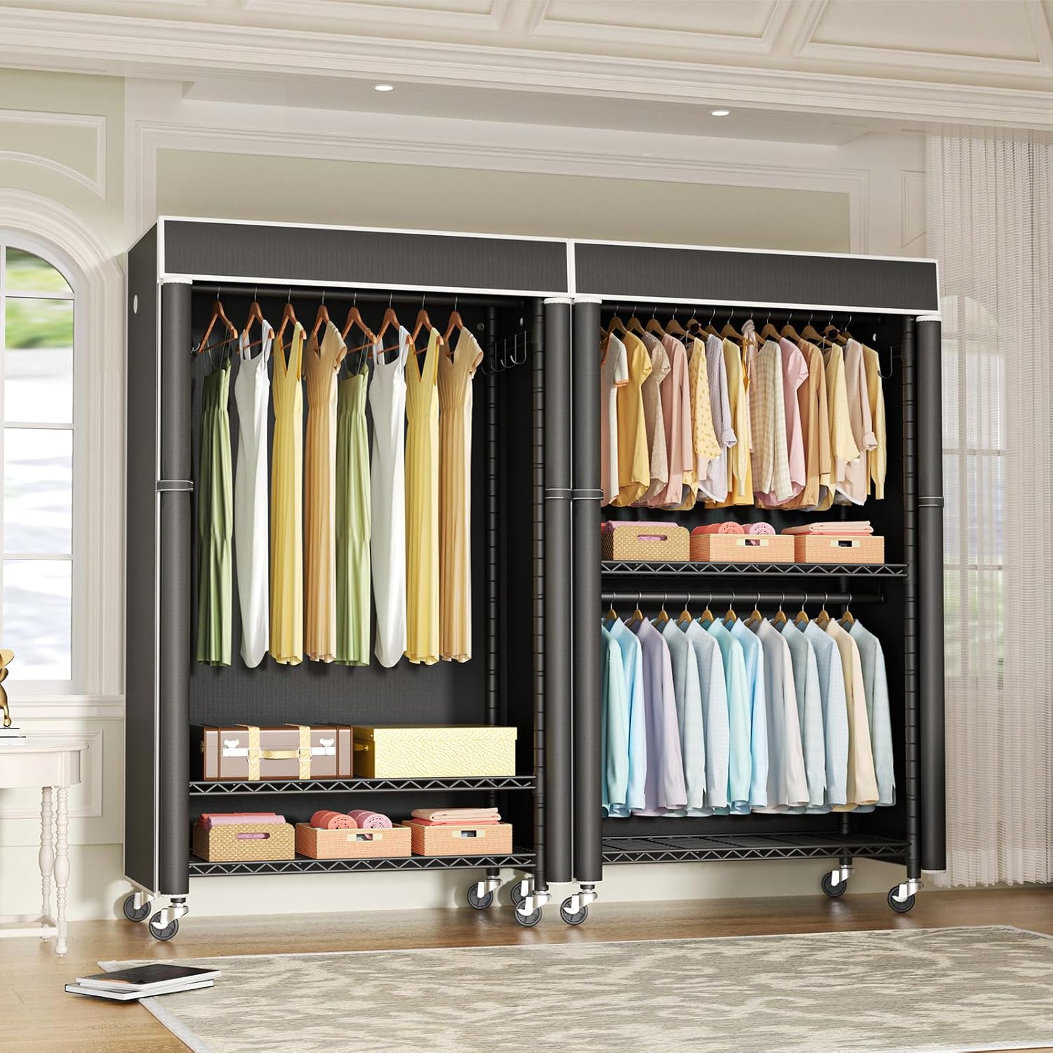 FUTASSI Clothing Rack with Cover, P1C Rolling Closets with Wheels, Metal Garment Rack for Hanging Clothes, Clothing Storage Wardrobe with Cover, 36.2" W x 16.5" D x 80.5" H, Black, Load 450 Pounds