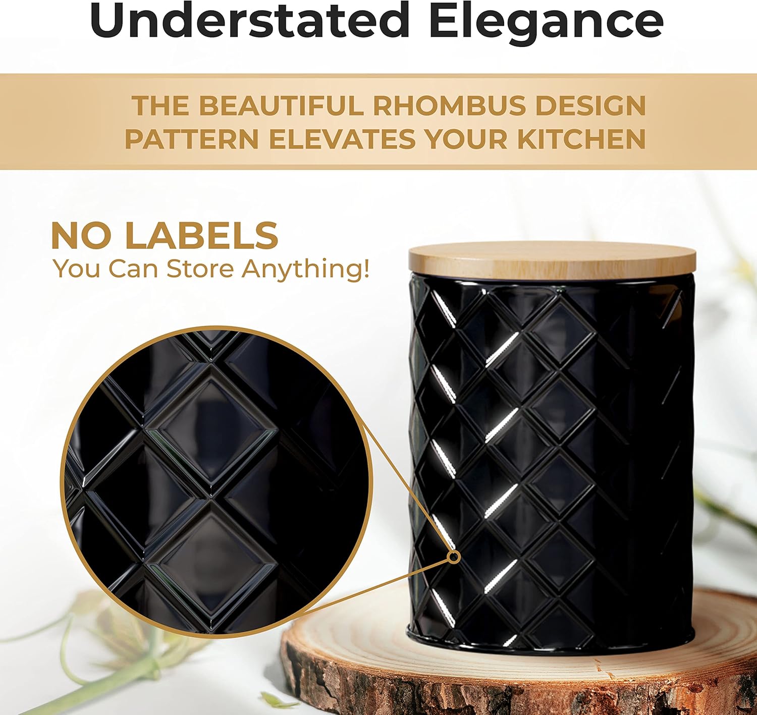 Pebble & Stem® Black Metal Canister Set for the Kitchen Counter, Food Canister Set of 4, Airtight Lids, Sugar and Flour Containers for Countertops, Coffee and Tea Storage, Farmhouse Decor