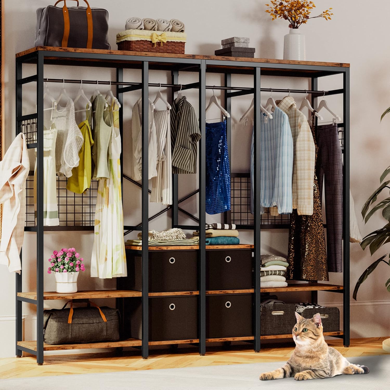 IRONCK Garment Racks with Shelves 4 Drawers and 8 Hooks Heavy Duty Closet Organizer for Hanging Clothes, Freestanding Closet Wardrobe Rack, Vintage Brown