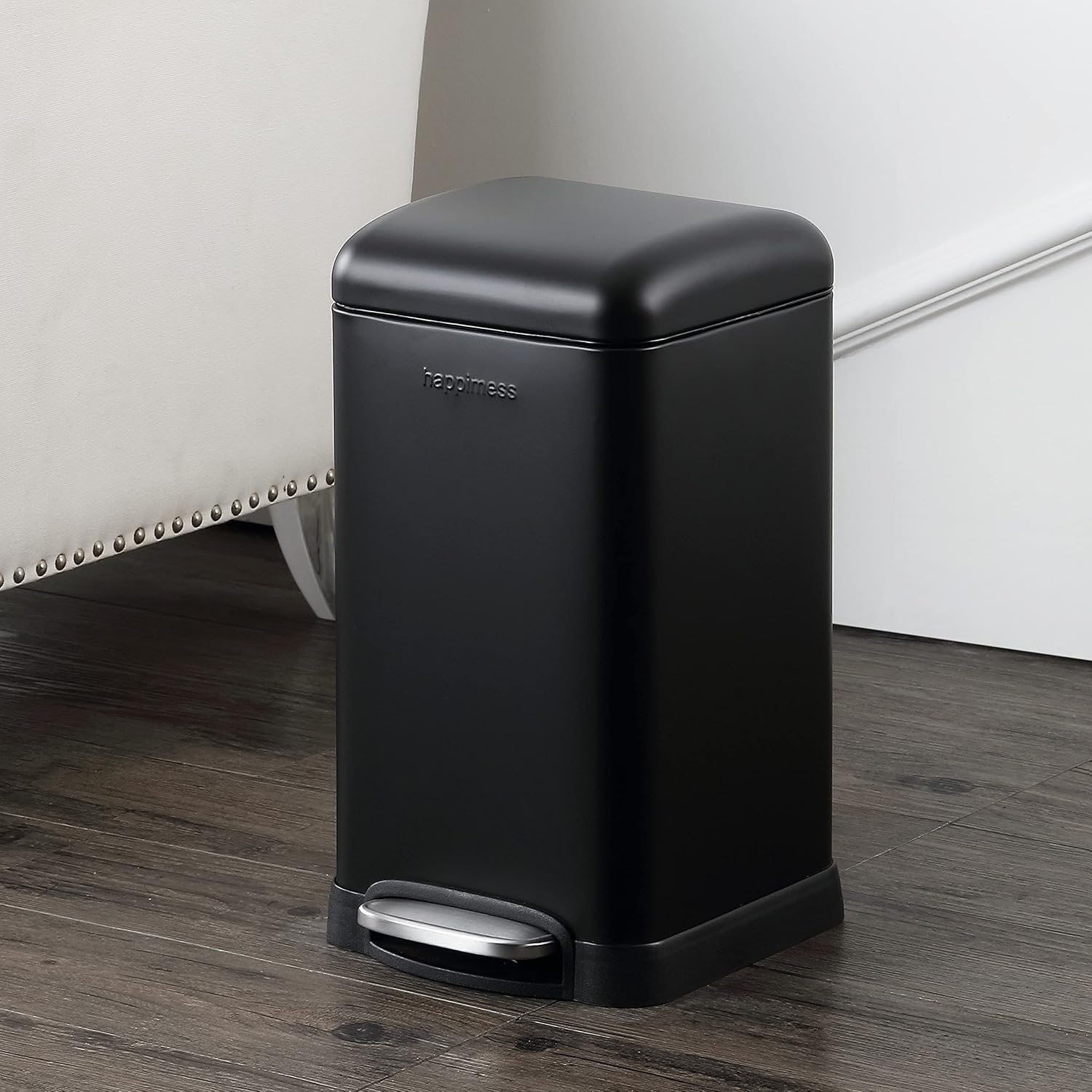 happimess HPM1012B Betty Retro Mini 3.2-Gallon Step-Open Trash Can with Soft-Close Lid, Modern, Minimalistic, Fingerprint Proof for Home, Kitchen, Laundry Room, Office, Bedroom, Bathroom, Black