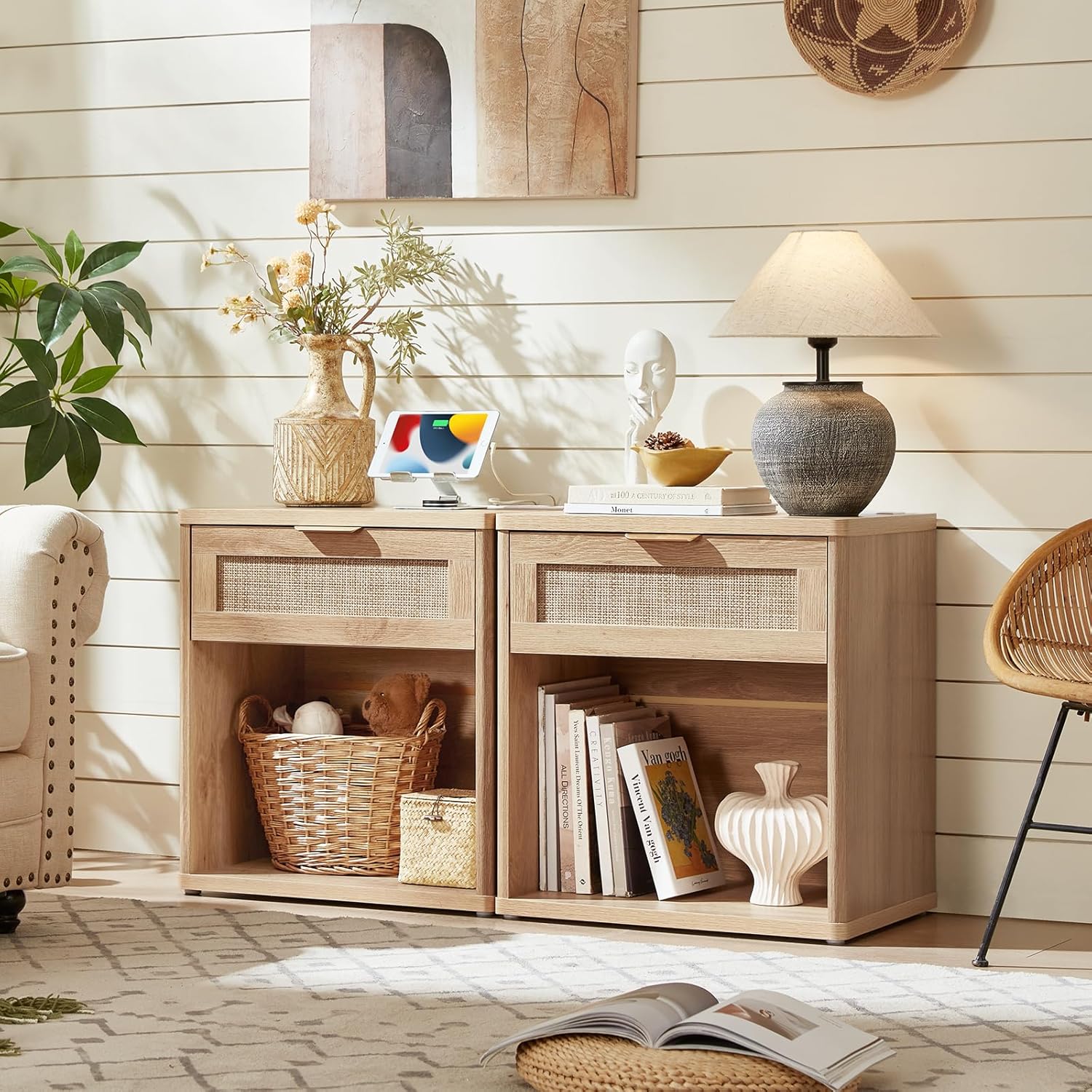 LEYAOYAO Rattan Nightstand with Charging Station, 23" Wide Boho Night Stand with Drawer, Natural Wood Bedside Table Open Storage Cabinet, Bed Side End Tables Dresser for Bedroom, Living Room, Hallway