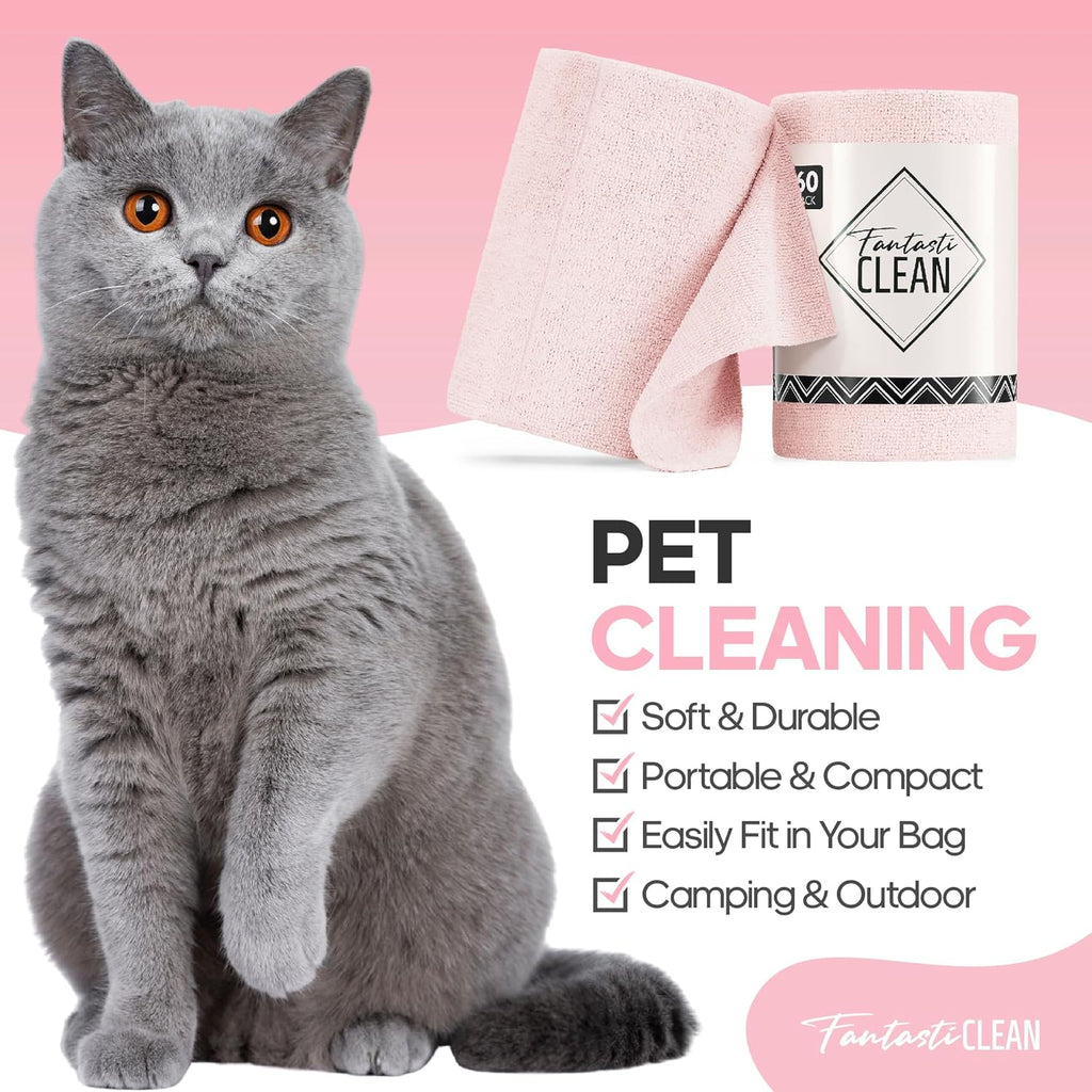 Fantasticlean Microfiber Cleaning Cloth Roll -60 Pack, Tear Away Paperless Towels, 8" x 8", Reusable Washable Rags, for Home Kitchen, Pet, Office, Indoor Outdoor, Compact and Portable (Pink)