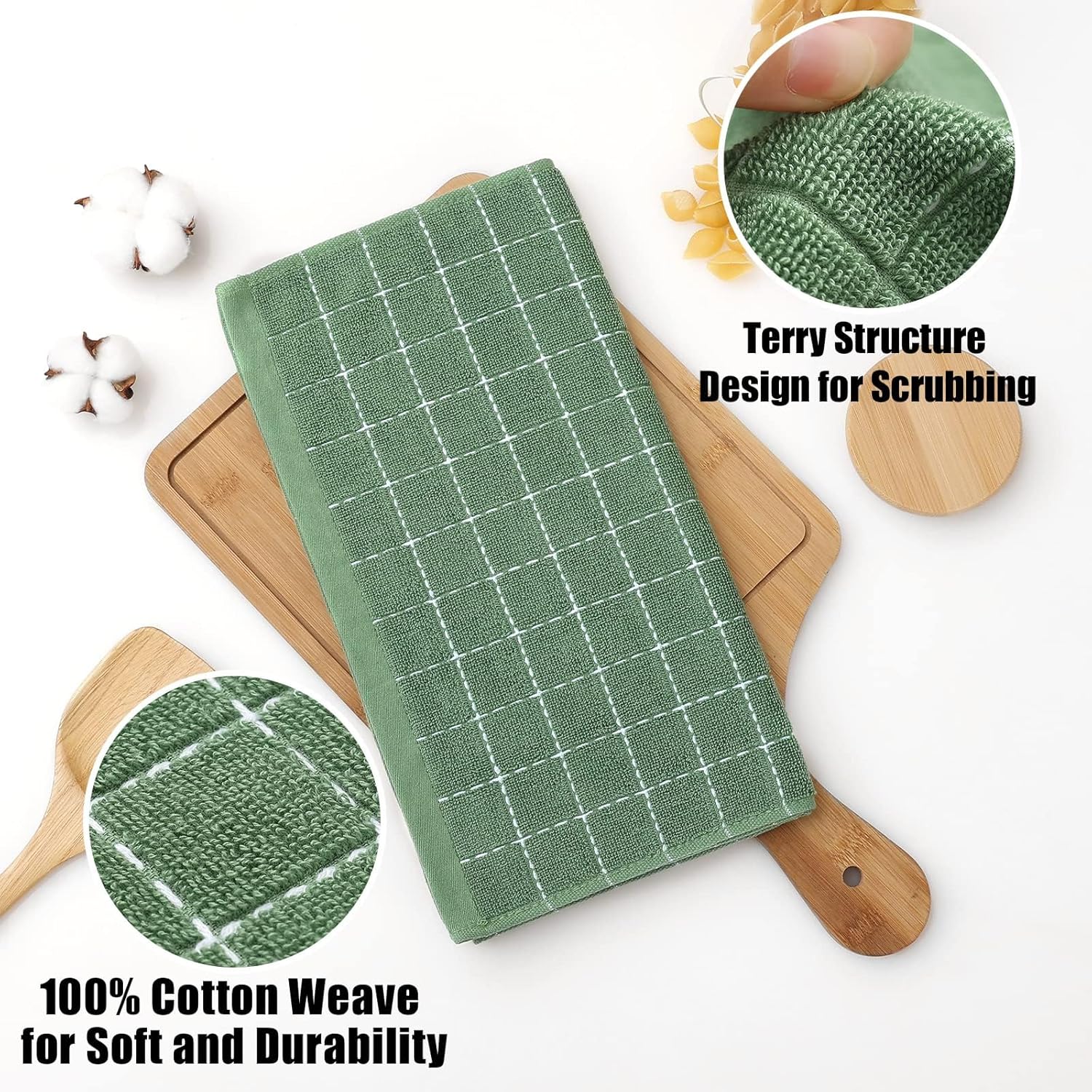 Homaxy 100% Cotton Terry Kitchen Dish Cloths, Ultra Soft and Absorbent Dish Towels for Kitchen, Suitable for Drying and Washing Dishes, 12 Pack, 12 x 12 Inches, Grass Green