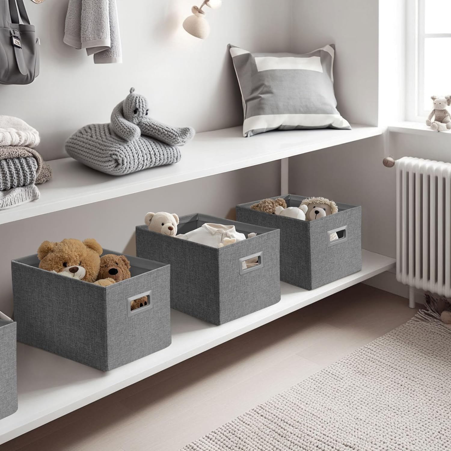 DECOMOMO Storage Bins for Shelves Robust Fabric Closet Bins for Shelves Toy Storage Clothes Books (Pack of 3 – Charcoal)