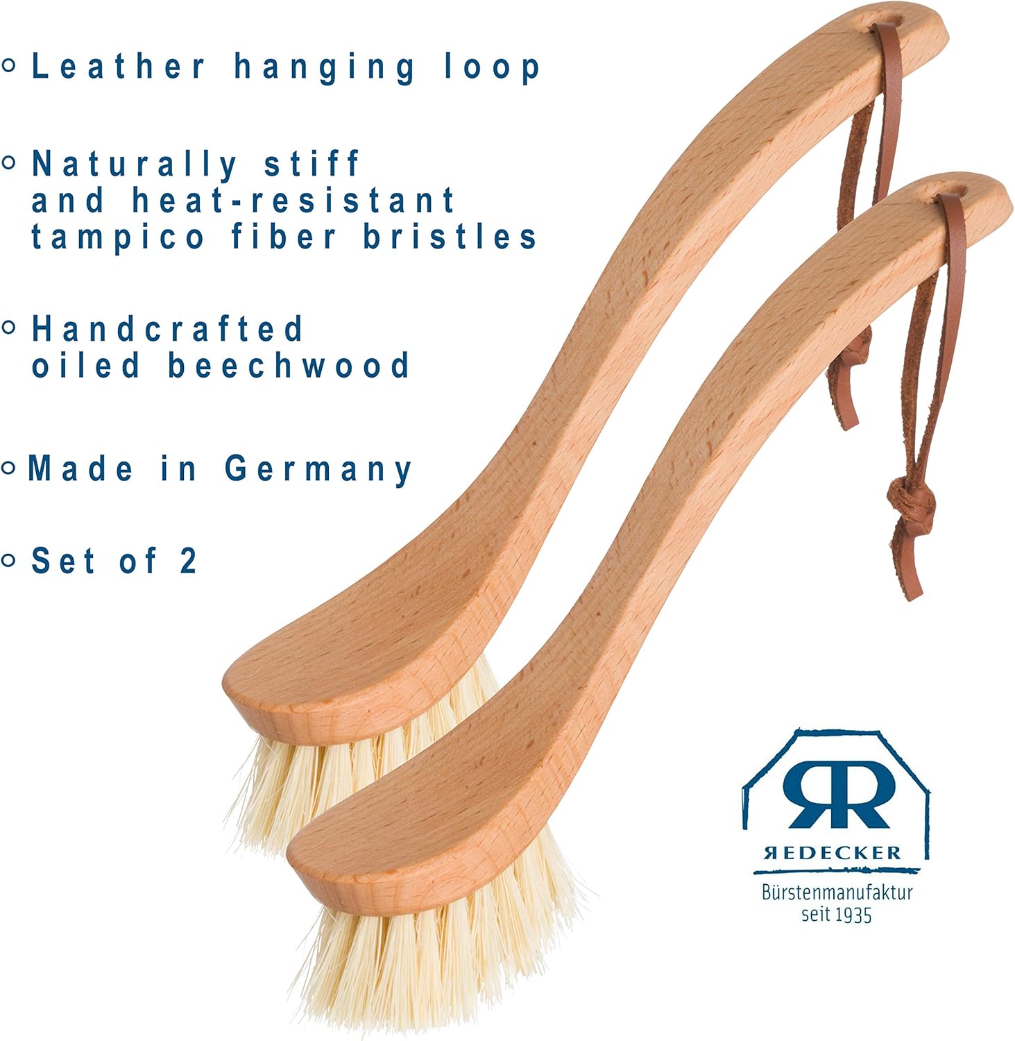REDECKER Curved Dish Brush - Natural Tampico Fiber Bristles, Ergonomic Design with Oiled Beechwood Handle 9-1/4 inches, Set of 2 - Natural Bristle Kitchen Brush with Handle, Made in Germany