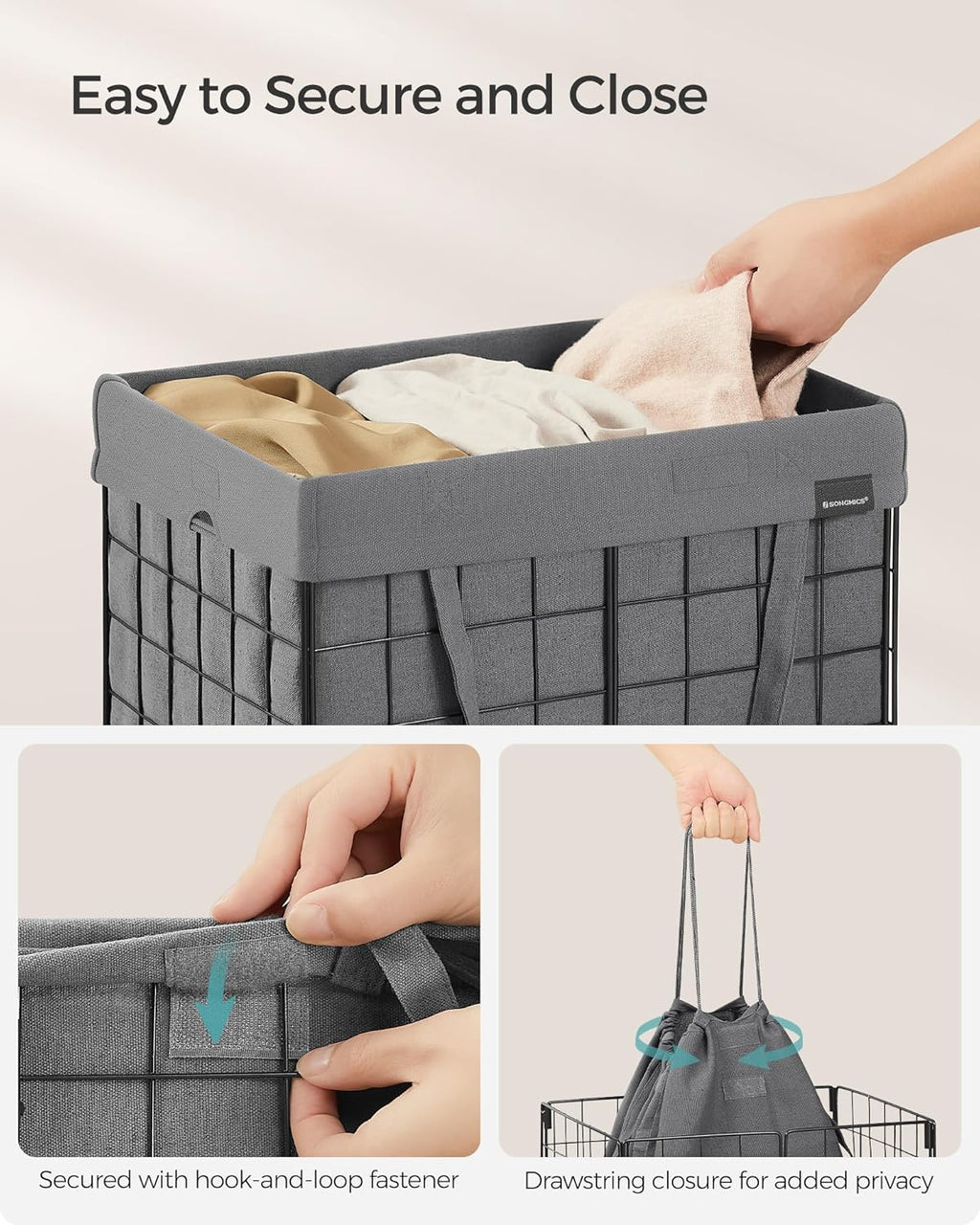 SONGMICS Laundry Hamper, 11 Gal. (50L) Laundry Basket, Collapsible Clothes Hamper, Removable and Washable Liner, Metal Wire Frame, for Bedroom Bathroom, Black and Gray ULCB150G01