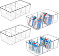 Vtopmart 4 Pack Food Storage Organizer Bins, Clear Plastic Bins for Pantry, Kitchen, Fridge, Cabinet Organization and Storage, 4 Compartment Holder Packets, Snacks, Pouches, Spice Packets