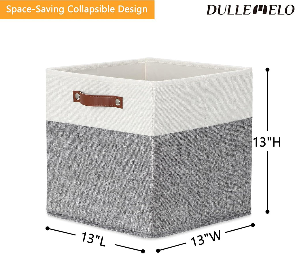 DULLEMELO Storage Cubes 13 inch, Collapsible Sturdy Cube Storage Bins With Handles for Organizing,Fabric Storage Baskets for Shelves Nursery Closet Home Organization (White&Grey-4 Pack)
