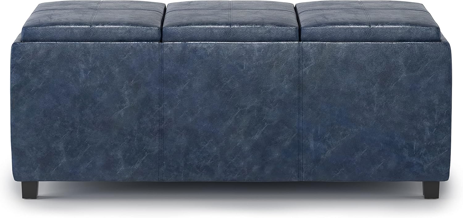 SIMPLIHOME Avalon 42 inch Wide Contemporary Rectangle Storage Ottoman in Denim Blue Vegan Faux Leather, Assembled, for the Living Room, Entryway and Family Room