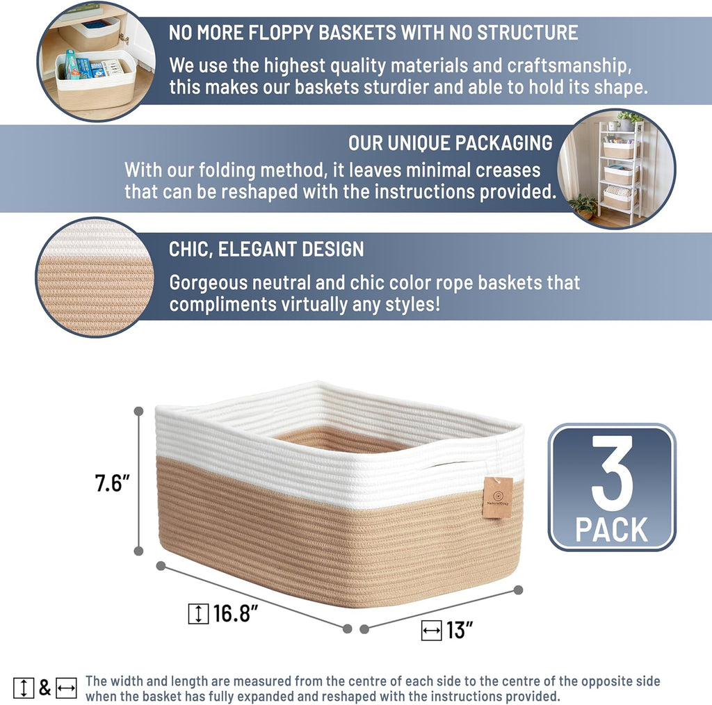 NaturalCozy Storage Baskets 16.8”x13”x7.6” Cotton Rope Woven Baskets for Organizing 3-Pack | Toy Storage Bins | Basket for Shelves, Laundry, Blanket, Clothes, Closet, Kitchen, Bathroom, Gifts