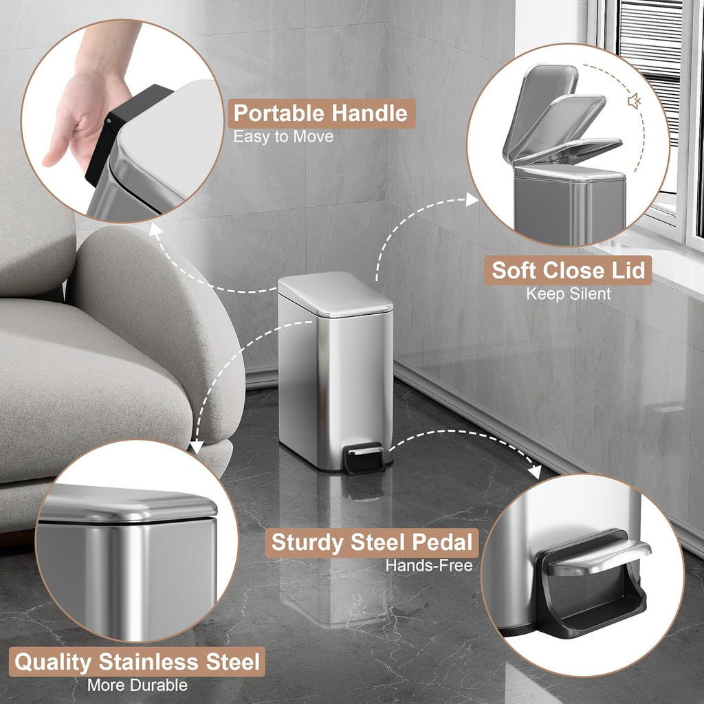 Small Trash Can with Lid Soft-Close, 6 L/1.6 Gal Bathroom Garbage Can with Removable Inner Bucket, Step Pedal, Stainless Steel Wastebasket for Kitchen, Bathroom, Bedroom, Office, Silver