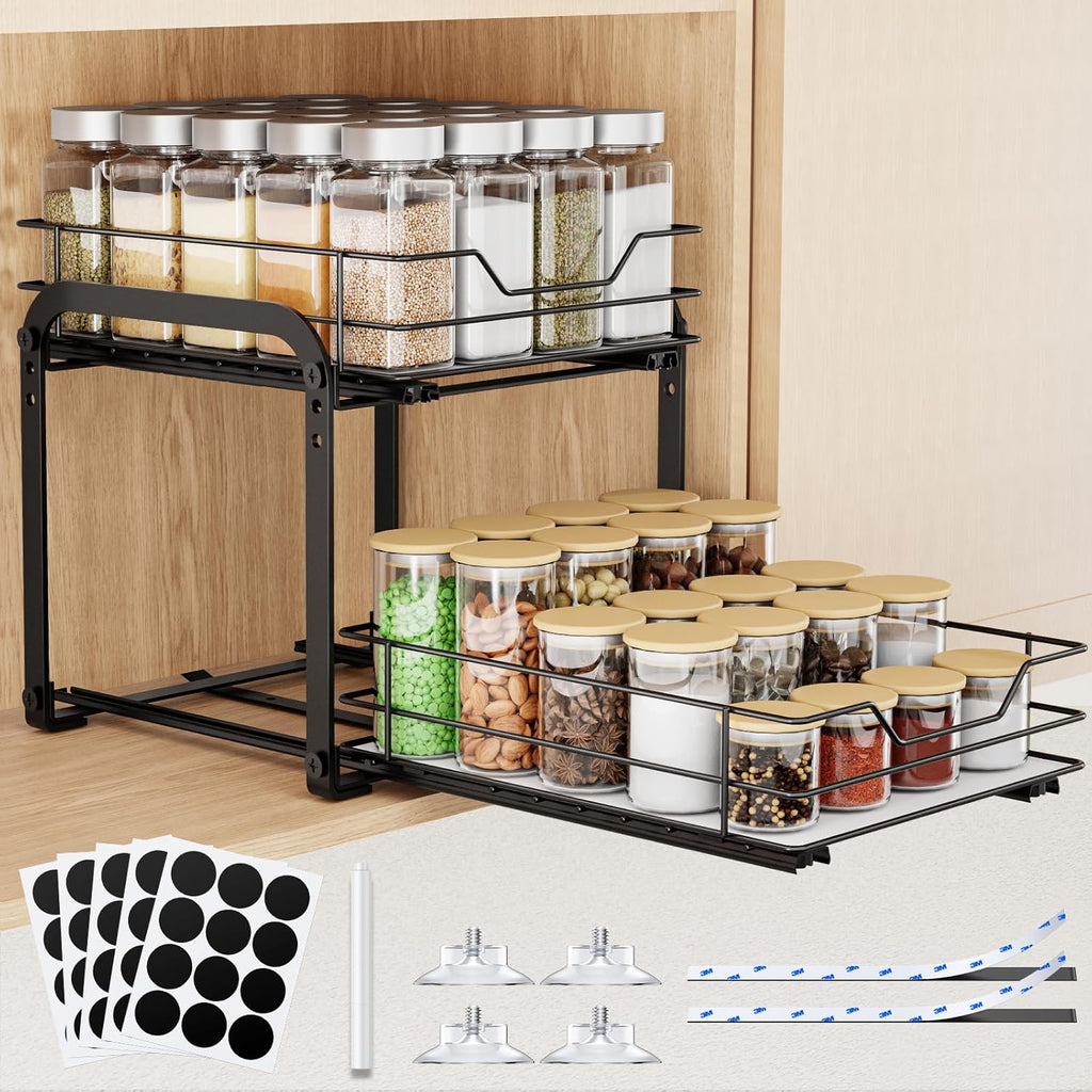 Spice Rack Organizer for Cabinet, 2 Tier Vertical Pull Out Spice Rack – Heavy Duty Metal Spice Organization for Cabinet, 40-Jar Capacity, Height Adjustable Cabinet Organizer (9"W×10.5"D×9"H, Black)