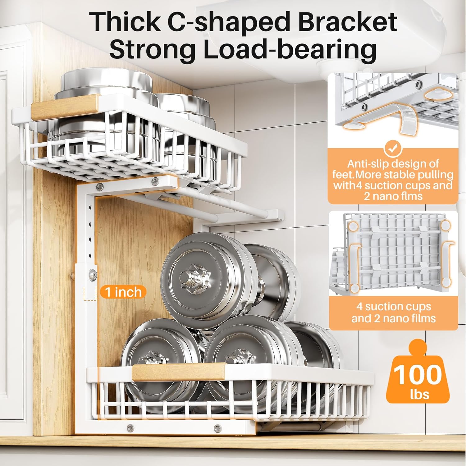 PXRACK 2 Pack Under Sink Organizer,Adjustable Height,2 Tier Pull Out Under Cabinet Organizer,Slide Out Thickened Metal Under Sink Storage for Kitchen Bathroom Laundry Cabinet Pantry,White