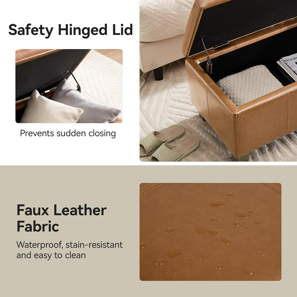 41" Faux Leather Storage Ottoman, Stitch Tufted Rectangle Upholstered End of Bed Storage Bench, Entryway Large Couch Ottoman with Wooden Legs, Light Brown