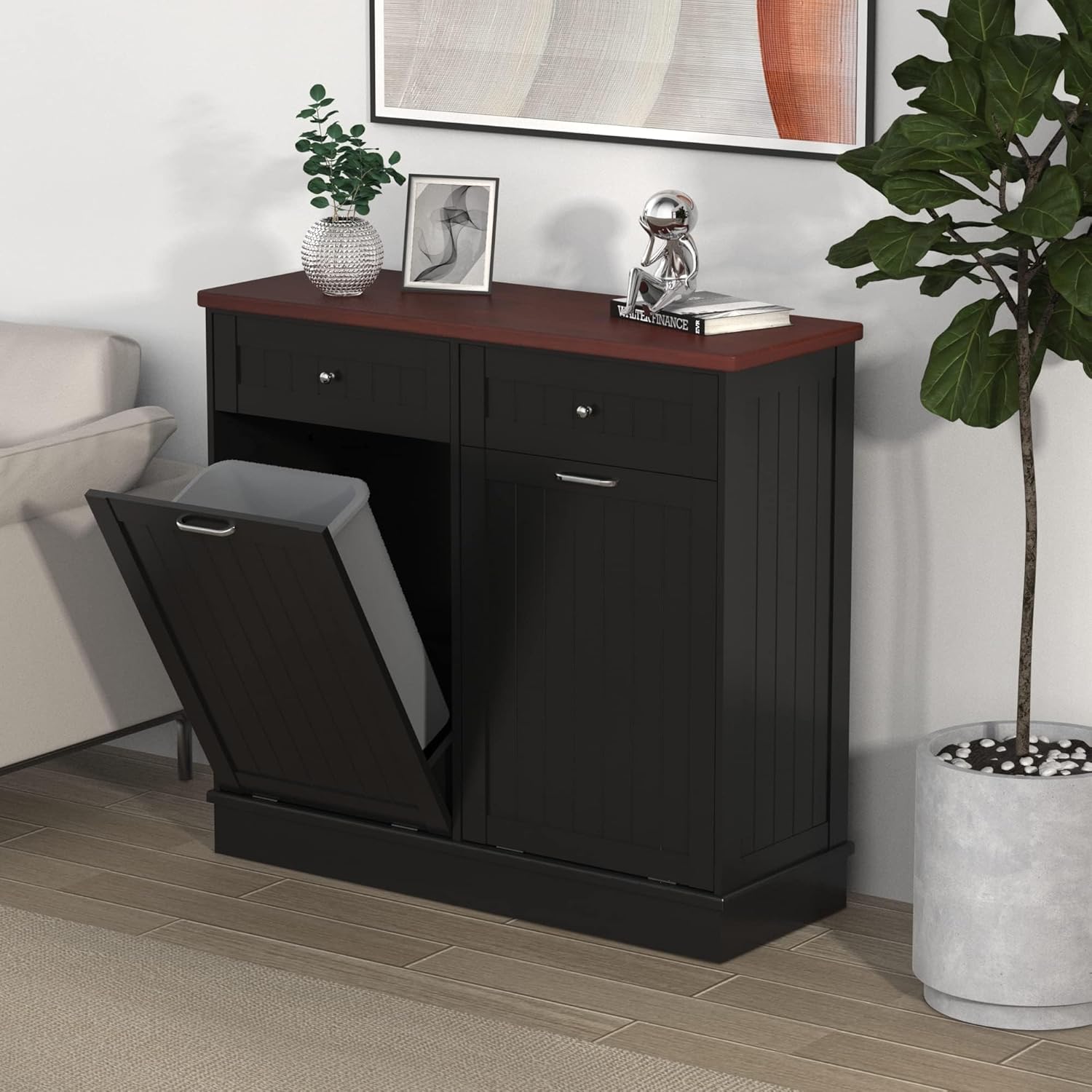 Betterhood Tilt Out Trash Cabinet 10 Gallon Wooden Free Standing Laundry Sorter Cabine,Recycling Cabine with Hideaway Drawer,Tilt Out Trash Cabinet Can Bin Kitchen