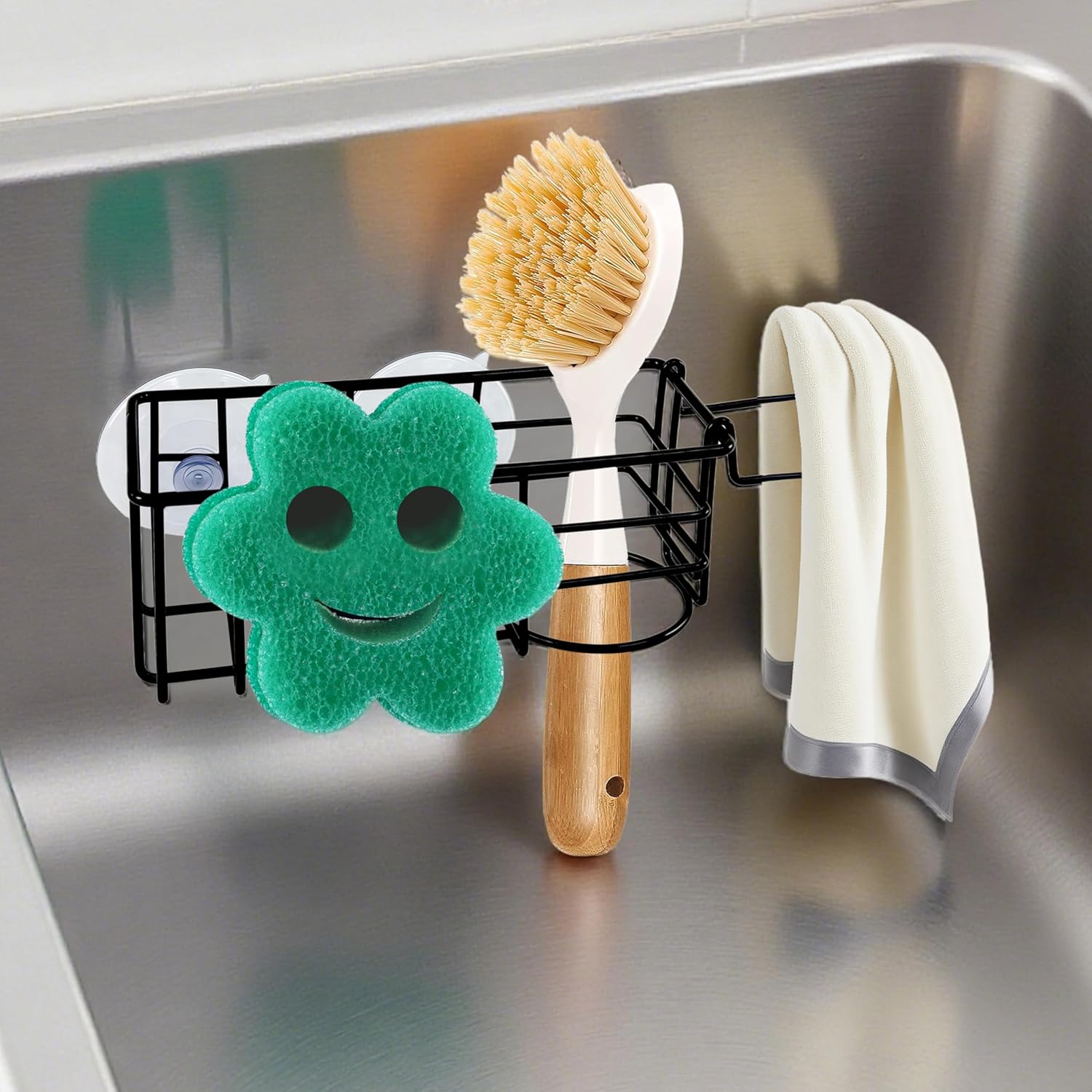 Sponge Holder Smile Face with Dish Cloth Hanger for Kitchen Sink, In-sink Caddy Organizer with Suction Cups & Adhesive Strips, Rustproof Sponge Rack for Soap, Brush, Scrubber - Black（3 Pack）