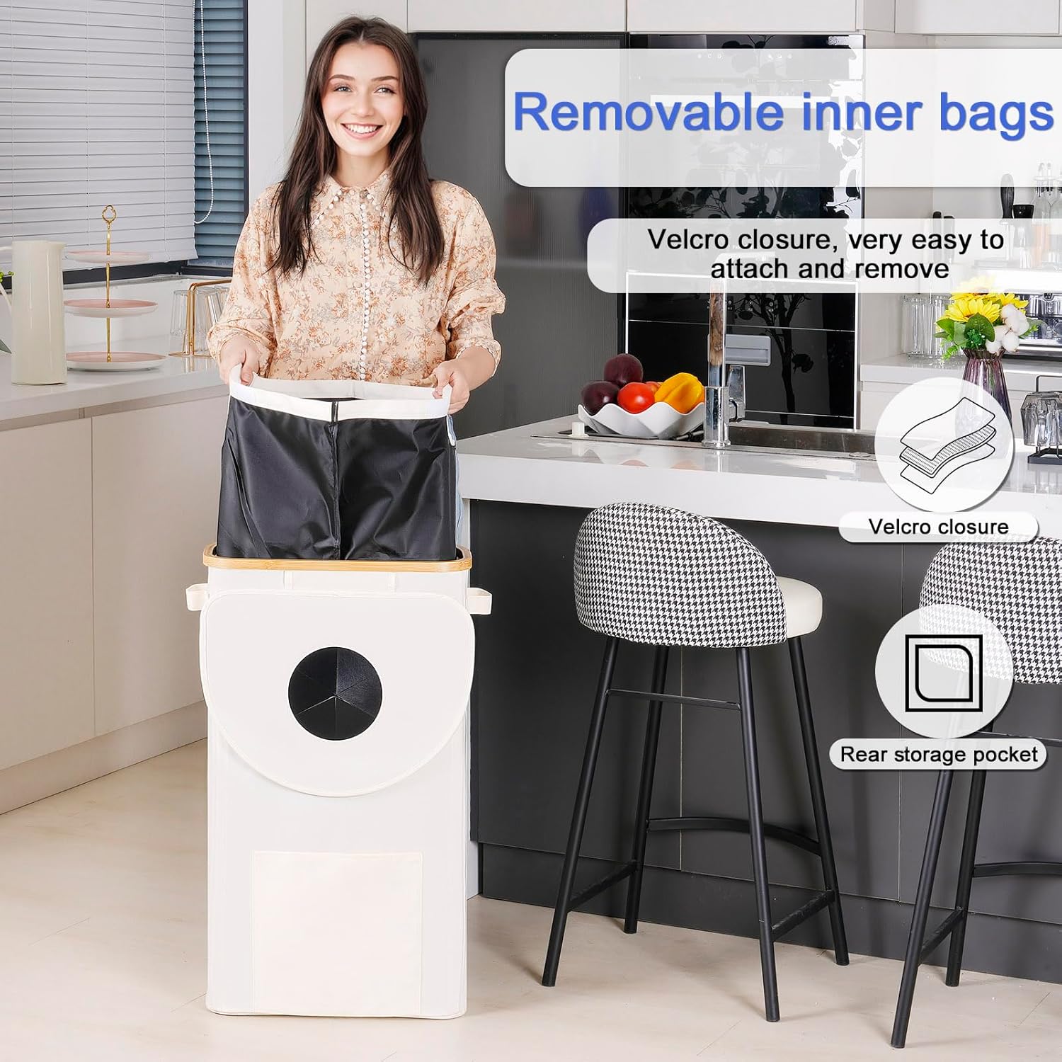 Efluky Recycling Bin 100L, 26 Gallon, Beige, D-Shaped, Oxford Fabric, 17.32"L x 12.9"W x 11.46"H, 2 Removable Inner Bags, Lightweight, Open-Top, Cycling, Kitchen