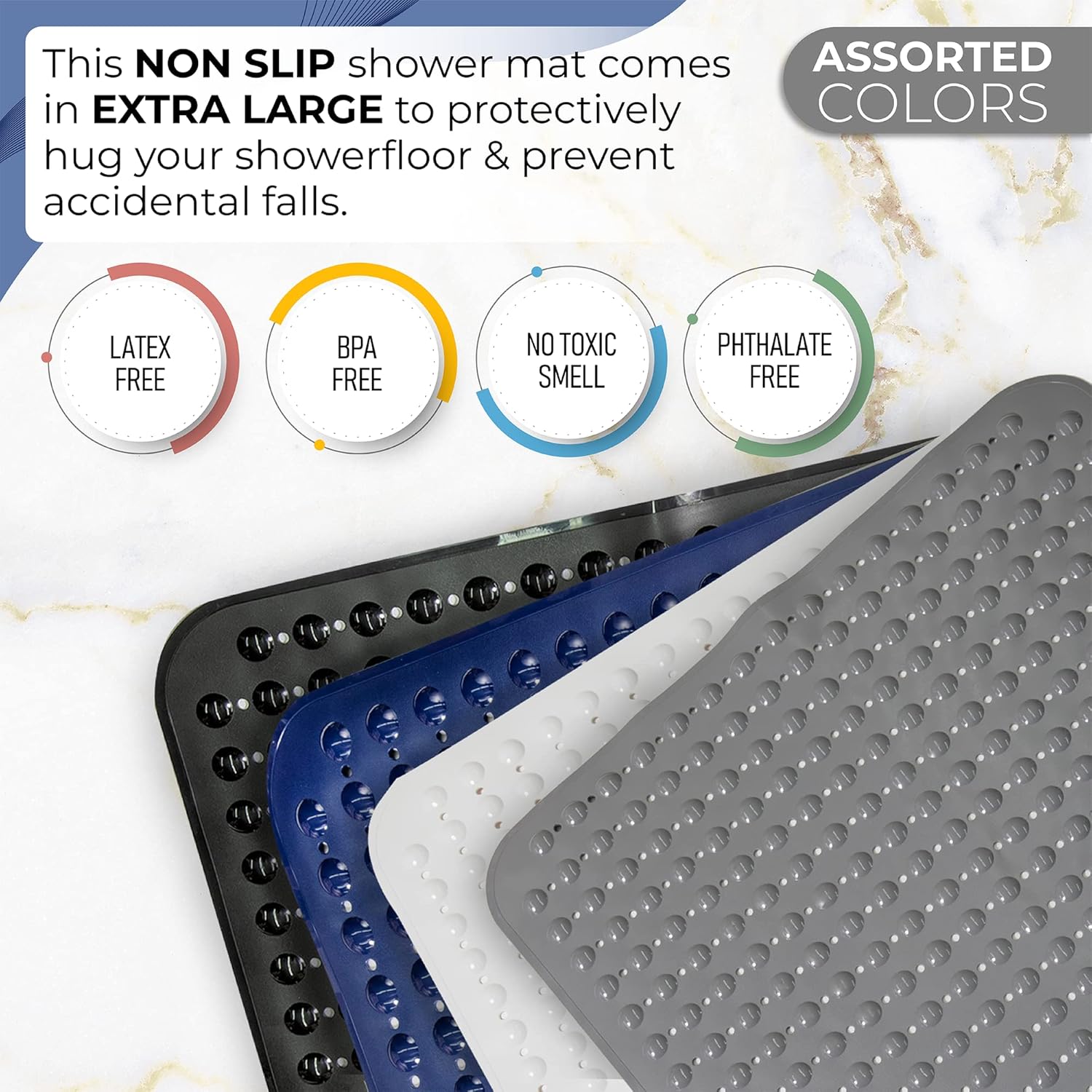ENKOSI Extra Large Square Non Slip Shower Mat - 31 x 31-inch XL Bathroom Shower Mat - Square Shower Matts for Shower Stall Floors | Secure Suction Cups and Drain Holes (31x31 White)