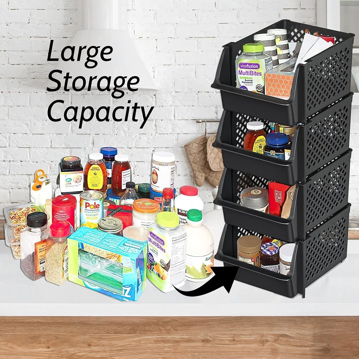 Skywin Plastic Stackable Storage Bins for Pantry - Stackable Bins for Organizing Food, Kitchen, and Bathroom Essentials (Black - 50 Pack)