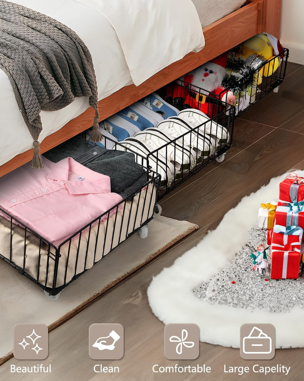 4 Pack Larger Under Bed Storage With Wheels,Rolling Under Bed Drawer,Under Bed Shoes Storage,Open Design, Large capacity,Suitable For Various Storage