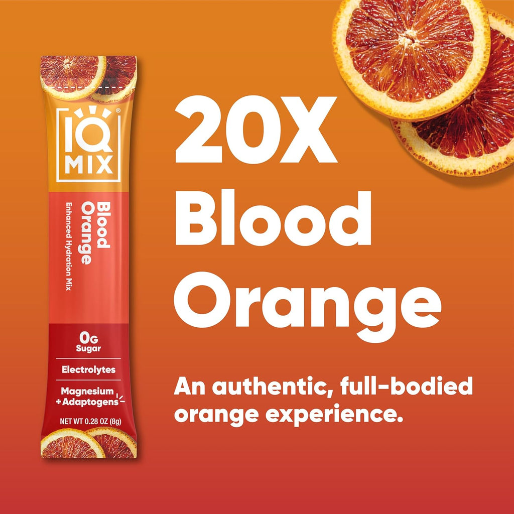 IQMIX Hydration Electrolyte Powder – 4-in-1 Formula for Hydration, Mental Clarity, Mood and Recovery – Sugar-Free Drink Mix, Keto, Magnesium L-Threonate, Lion’s Mane – 20 Count Blood Orange
