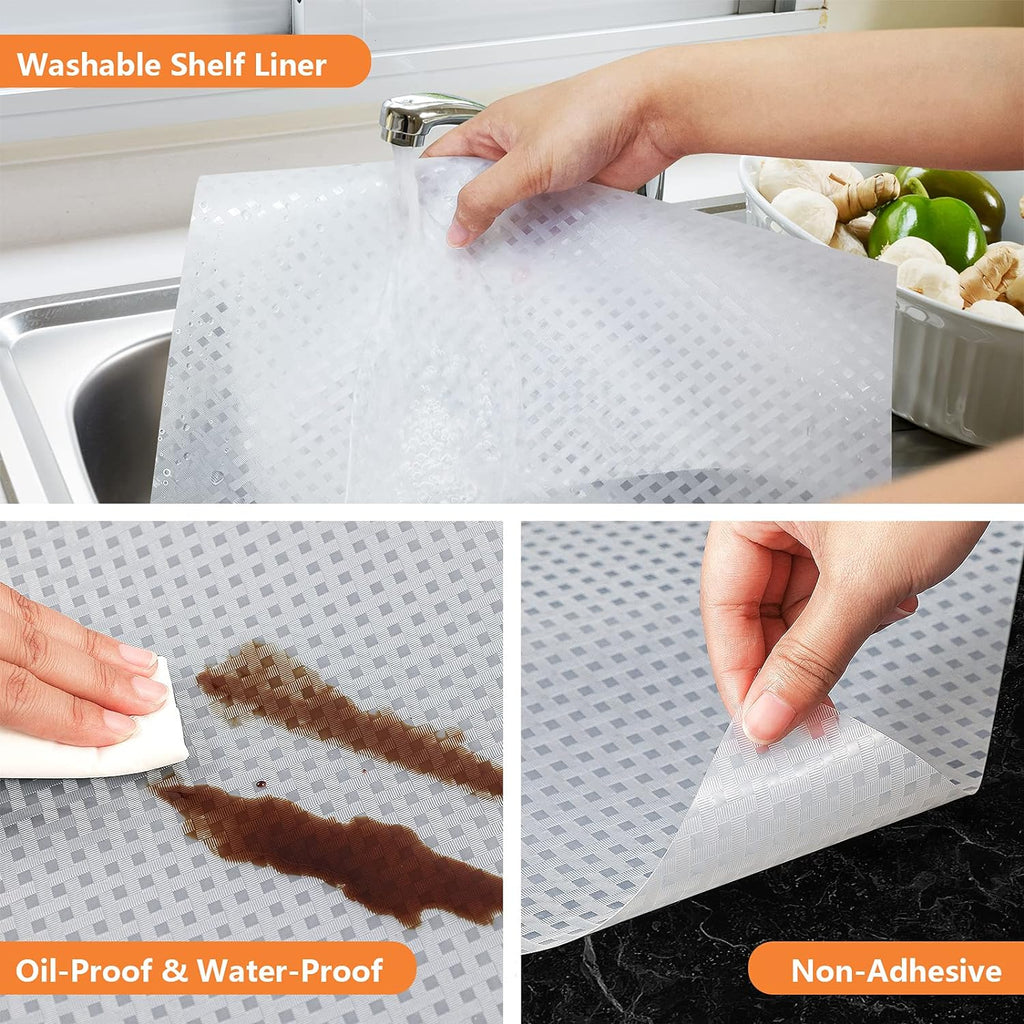 Shelf Liners for Kitchen Cabinets Refrigerator Liners Waterproof & Oil-Proof Kitchen Cupboard Liner Non-Slip Drawer Mats EVA Material Non Adhesive Fridge Liner for Shelves (23.6 x 236.2 inches, Clear)