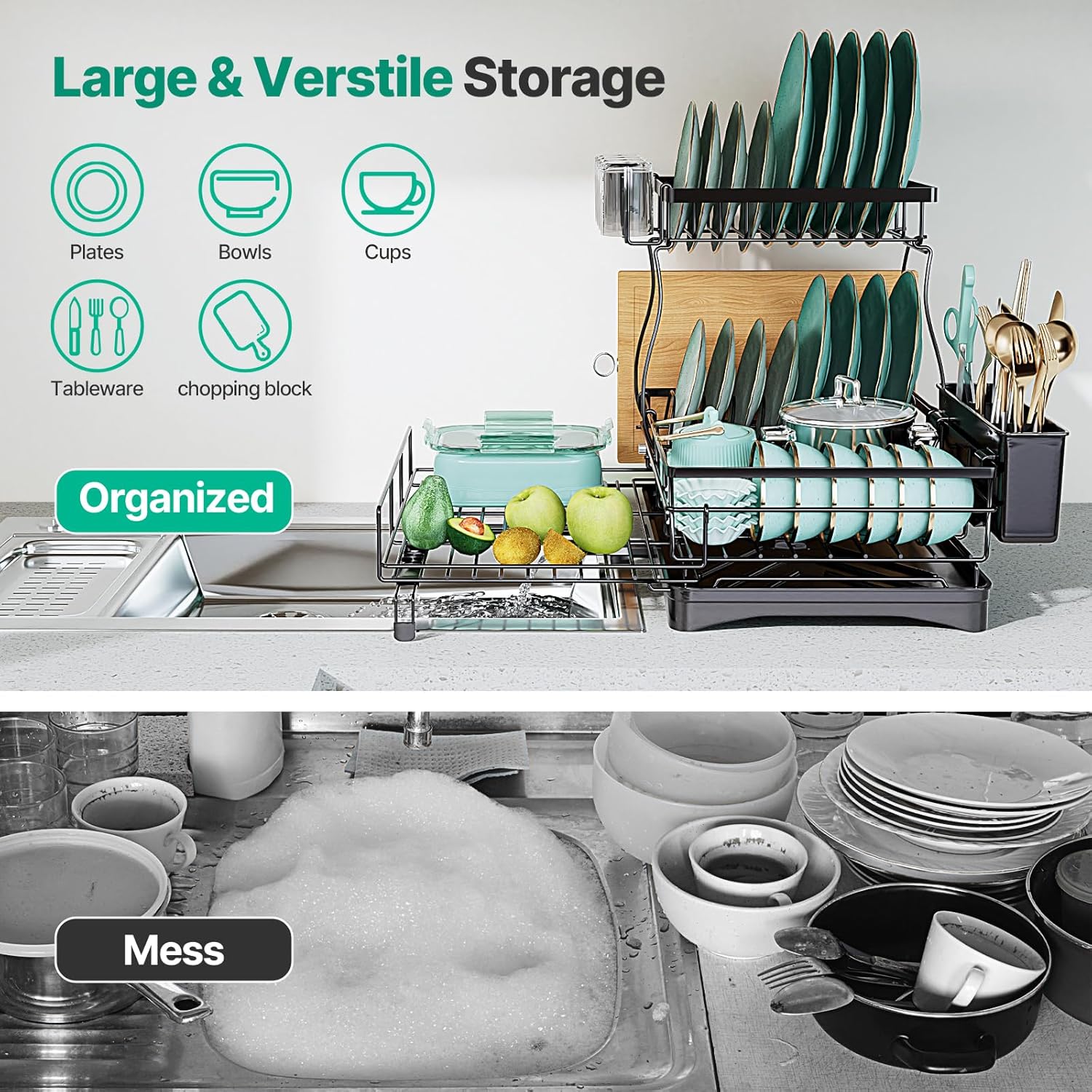 2 Tier Expandable Dish Drying Rack, Large Stainless Steel Dish Drying Rack Drainers for Kitchen Counter, Upgrade Dish Drainer with Utensil Holder, Drainboard & Cups Holder, Anti-Rust & Space Saving
