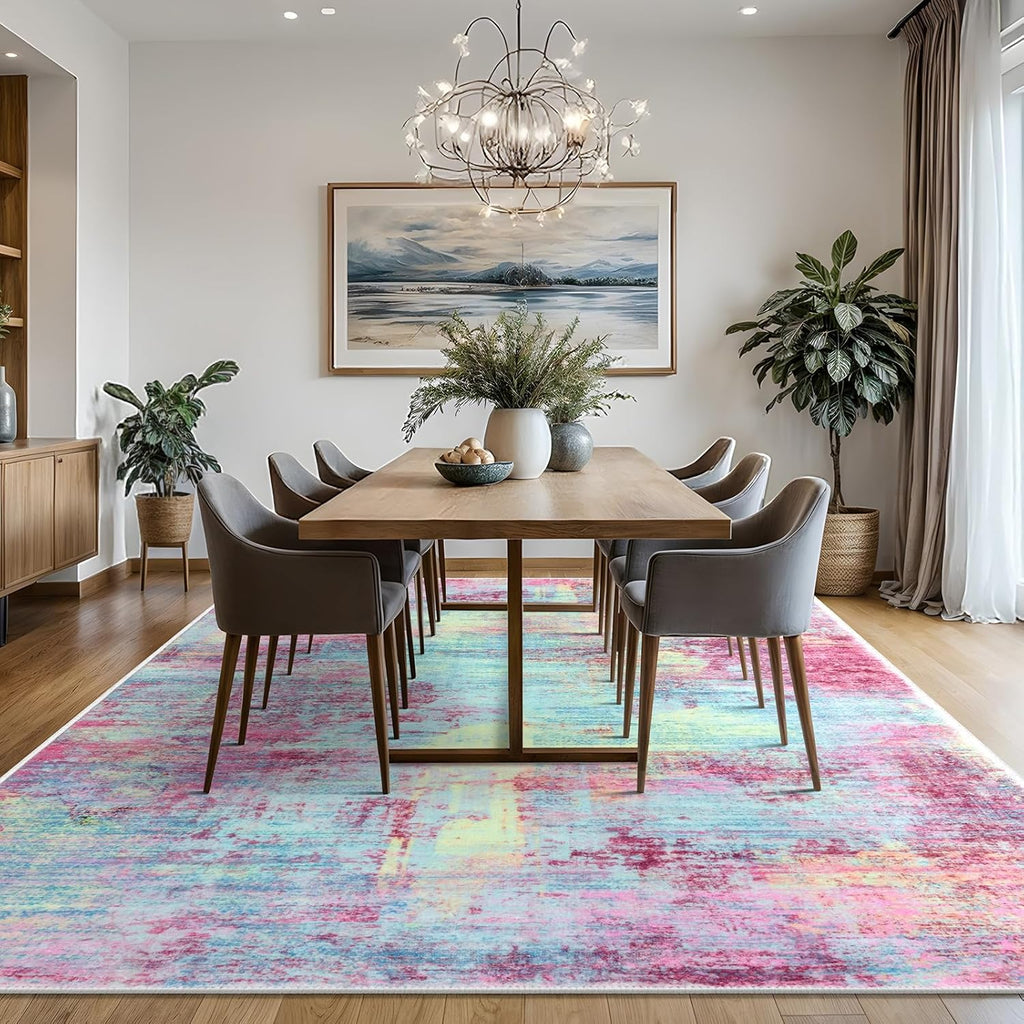 IOHOUZE Abstract Area Rugs 8x10 Ft Washable Large Rugs for Living Room, Non Slip Dining Room Rug, Printed Faux Wool Rugs for Bedroom, Floor Carpet for Office Nursery Playroom, Pink Teal