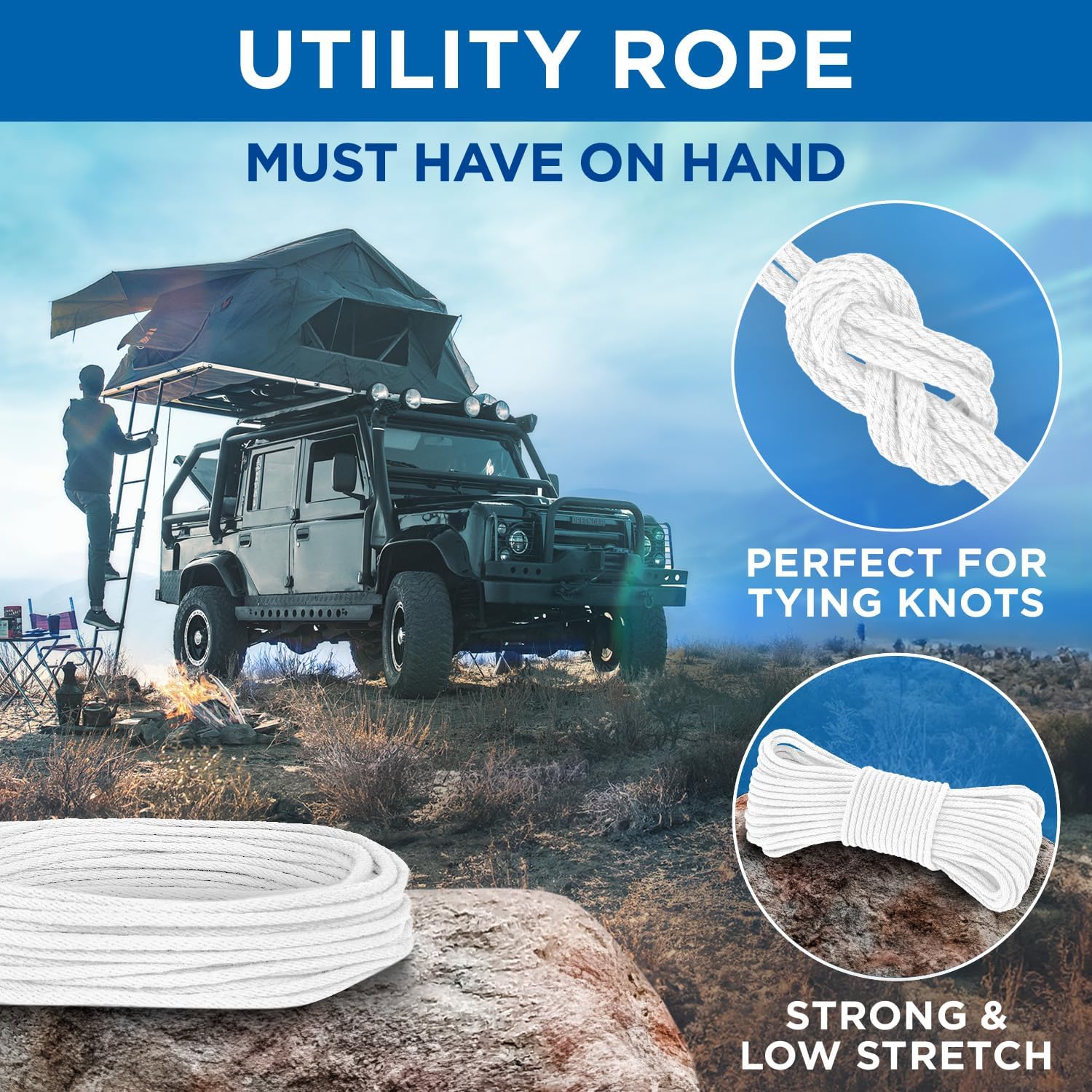 TECEUM Cotton Rope 3/16” (5 mm) – 100 FT – Strong All-Purpose Braided Rope – Natural Cotton – for Crafting, Сamping, Clothes Line, DIY, Indoor & Outdoor Use – White