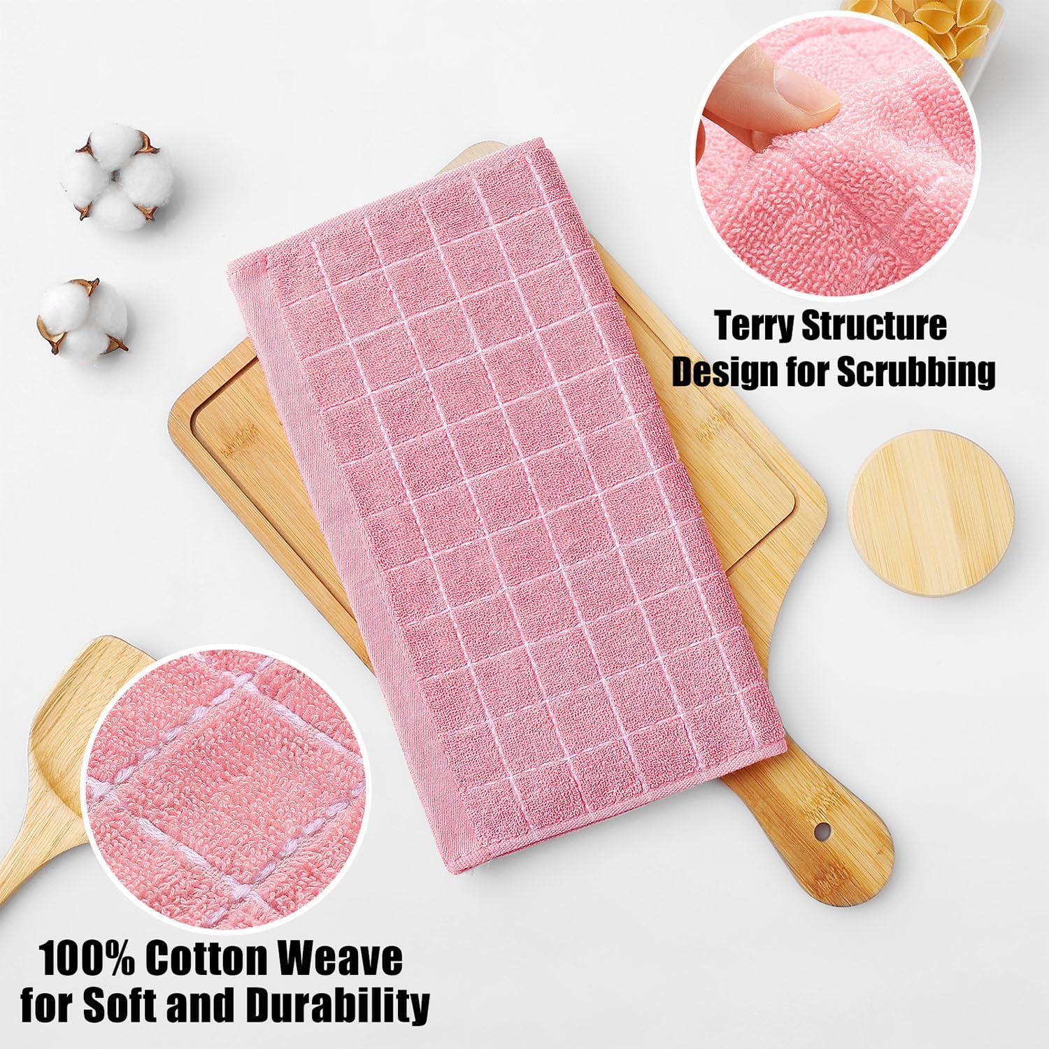 Homaxy 100% Cotton Terry Kitchen Dish Cloths, Ultra Soft and Absorbent Dish Towels for Kitchen, Suitable for Drying and Washing Dishes, 12 Pack, 12 x 12 Inches, Pink