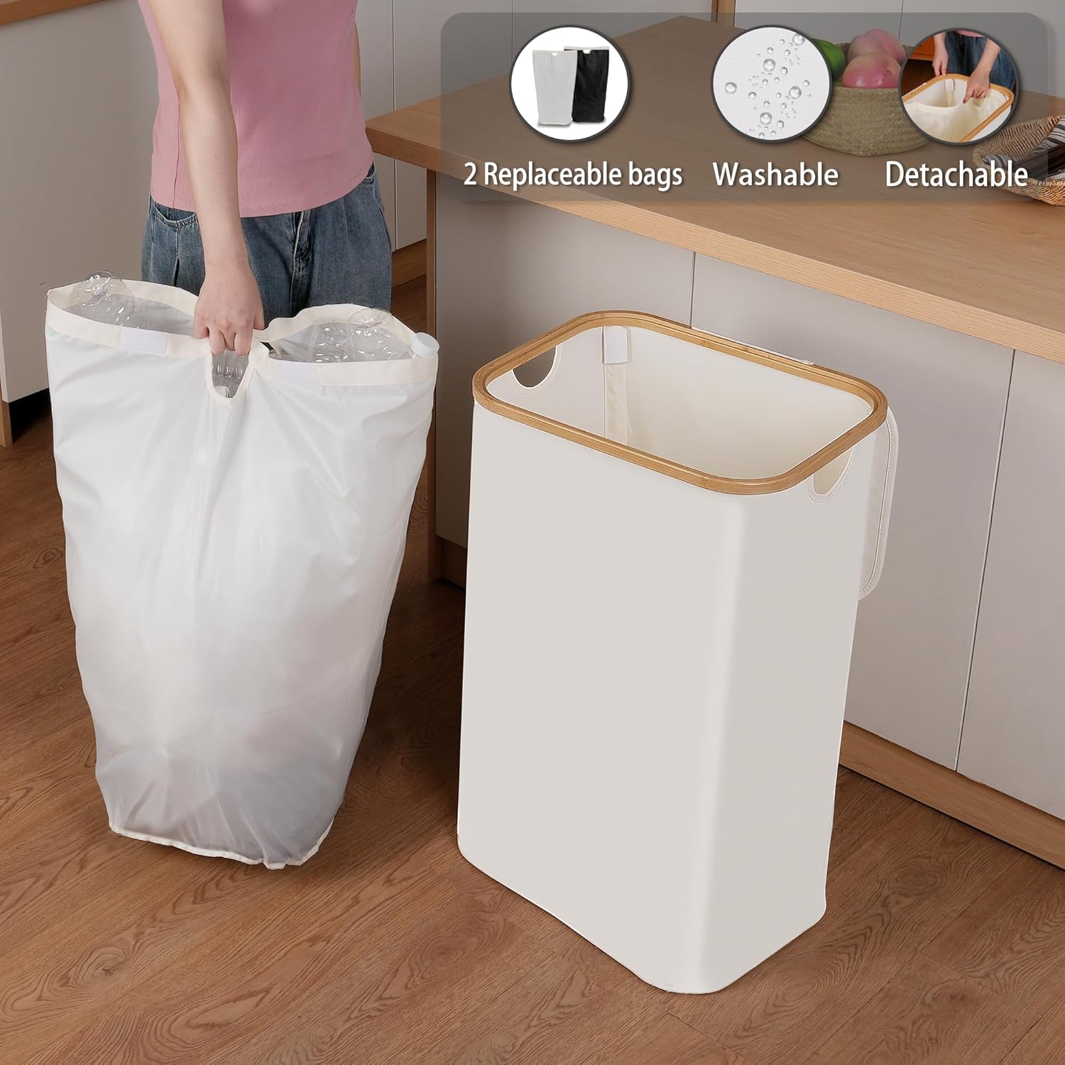29 Gallons Recycling Bins for Kitchen, Indoor Recycle Bins with Lid, 110L Large Recycle bin with 2 Removeable Reusable Inner Bags, for Bottles Cans Glass Plastice Cartons(Beige)