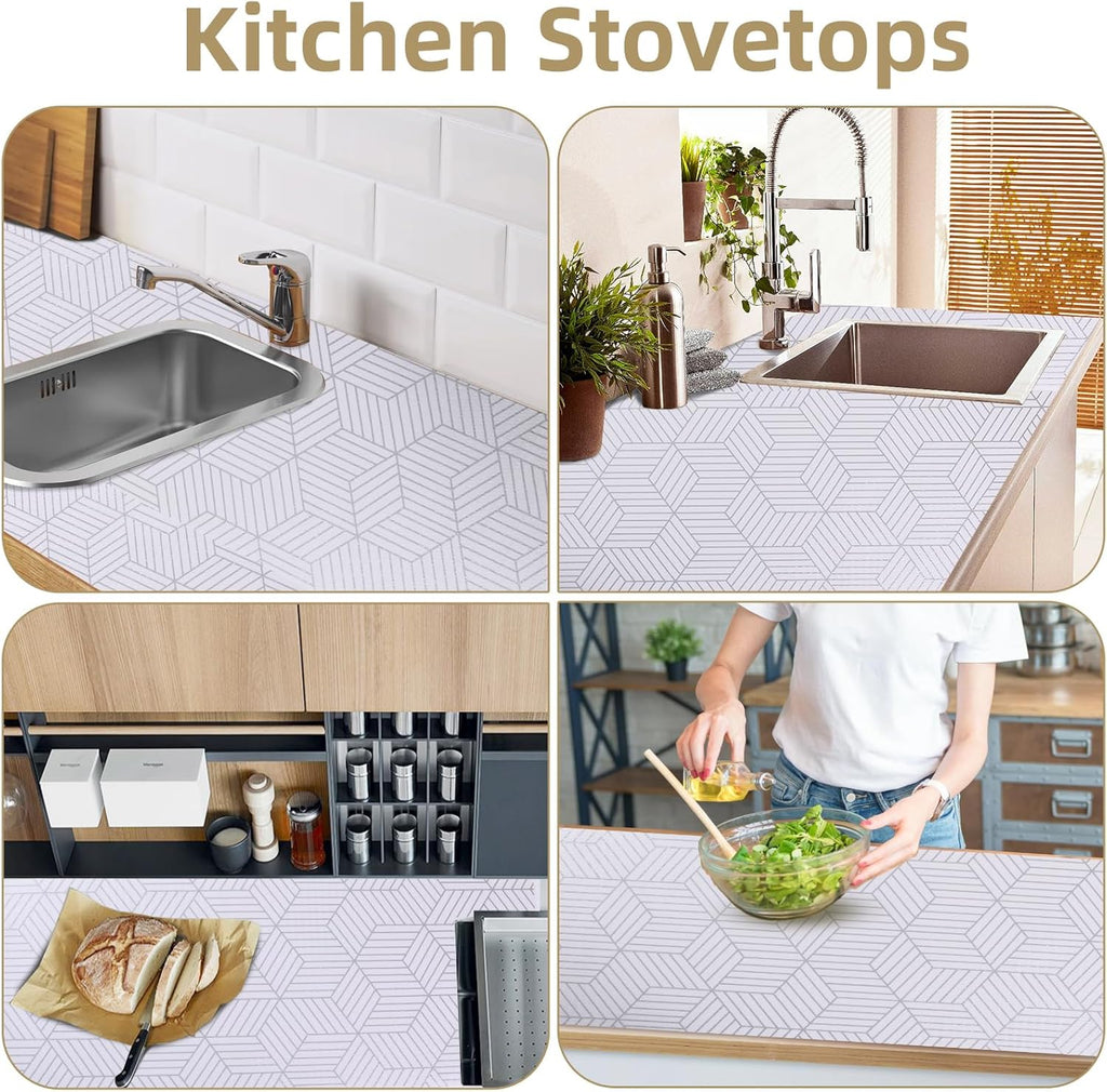 Shelf Liners for Kitchen Cabinets Non Adhesive Shelf Liner Paper Non-Slip Thickened Drawer Liner Easy to Clean for Tool Box Refrigerator with Knife and Tape Measure, Silver Geometric, 23.6 x 354.3 in