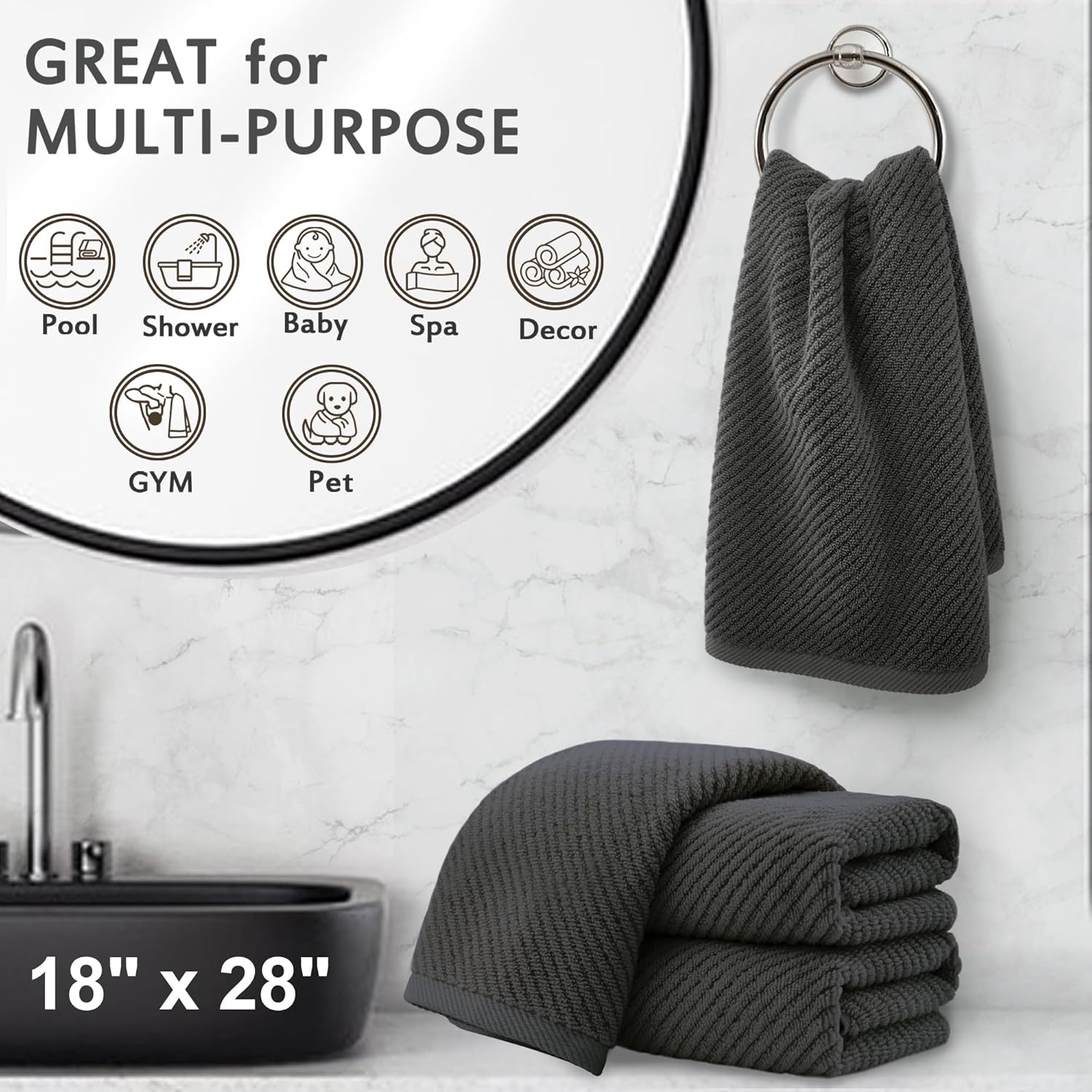 VOOVA & MOVAS Gray Hand Towels for Bathroom, Large 18" x 28" - 100% Cotton | Thick | Quick Dry | Lightweight | Absorbent | Soft, Hand Towels Set of 4, Bathroom Essentials, Dark Grey