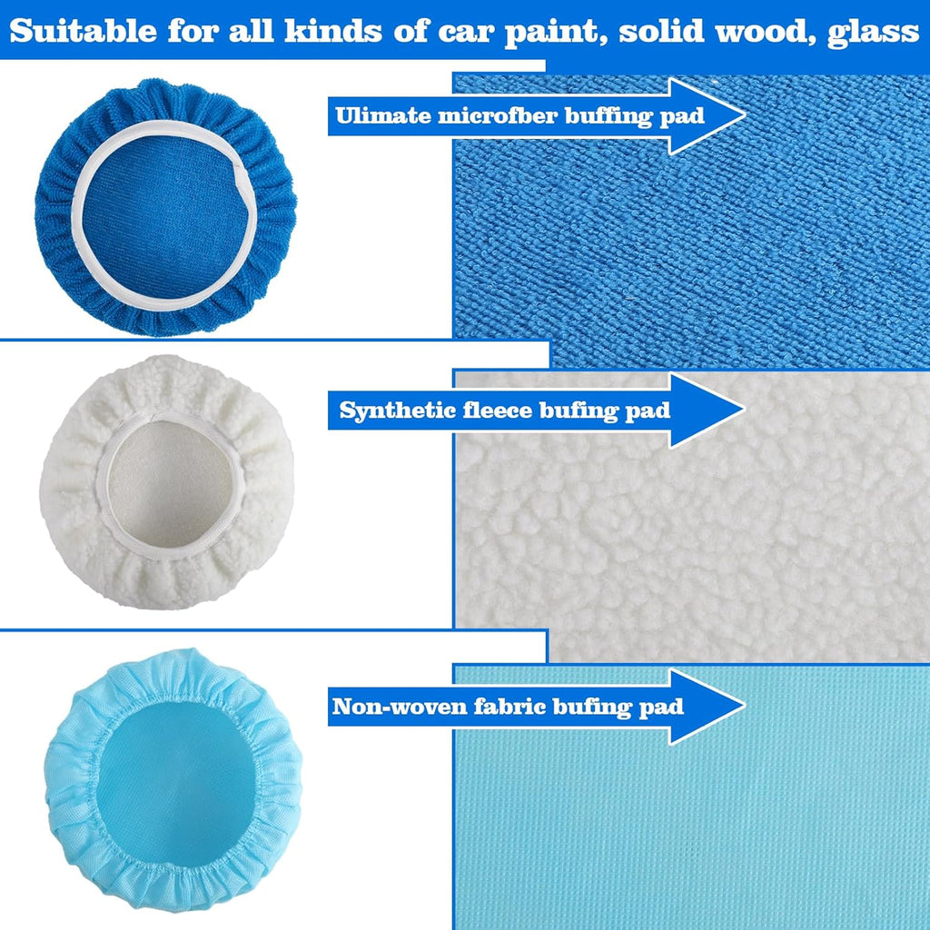40 Piece Car Polisher Pad Set, Mix Pack of 24 Microfiber, 8 Non Woven, 8 Woolen Bonnets, 8-9 Inch, Dark Blue, Light Blue, White, Suitable for Metals, Woods, Other Hard Surfaces