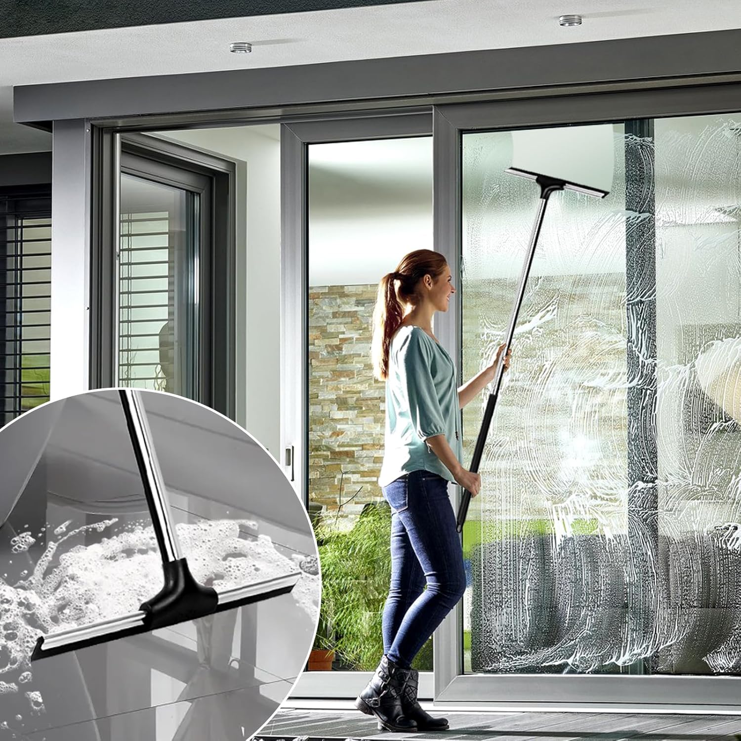 Floor Squeegee Scrubber 59" Long Stainless Steel Handle with 10" Wide Silicon Rubber Blade for Floor Washing and Drying Shower Glass, Garage, Windows, Marble, Wood Surfaces