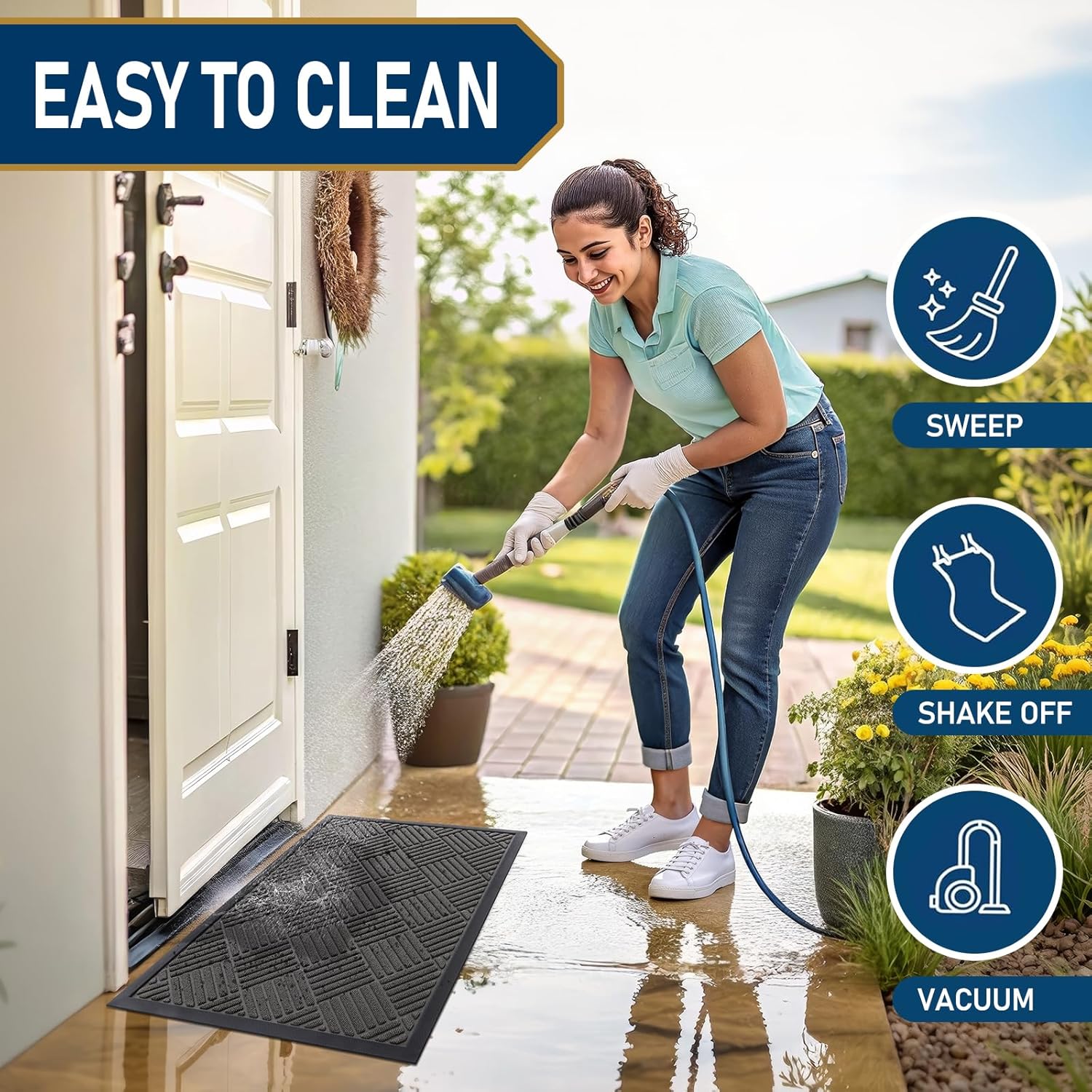 Smiry Front Door Mat Outside Entrance, Heavy Duty Outdoor Indoor Natural Rubber Doormat, Non Slip, Trap Dirt and Moisture, Easy Clean, Low Profile Patio Porch Entryway Mat, 59x35, Grey