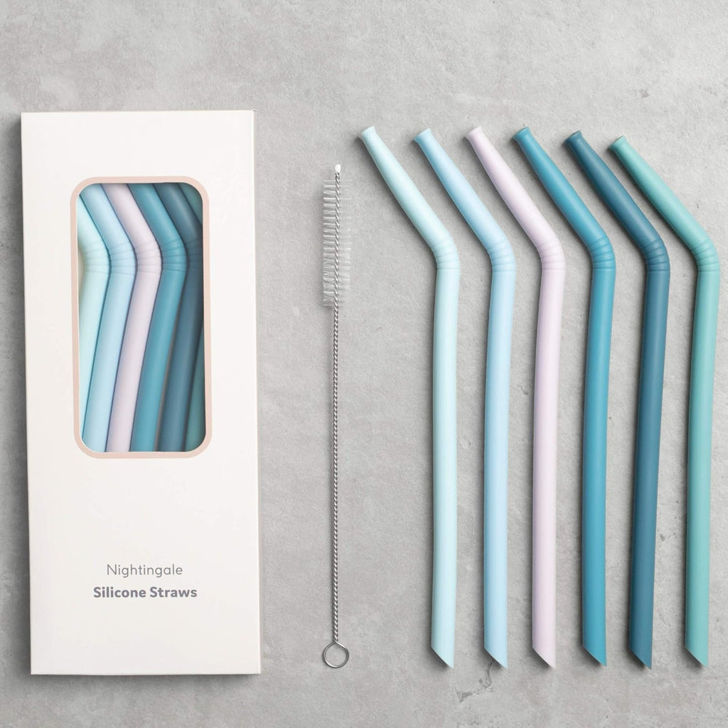 Nightingale Reusable Silicone Straws - Bendy Drinking Straw with Cleaning Brush - Collapsible and Bendable Travel Straw for Kids - Dishwasher Safe, Food-Safe - Set of 6 (Marine Multi)
