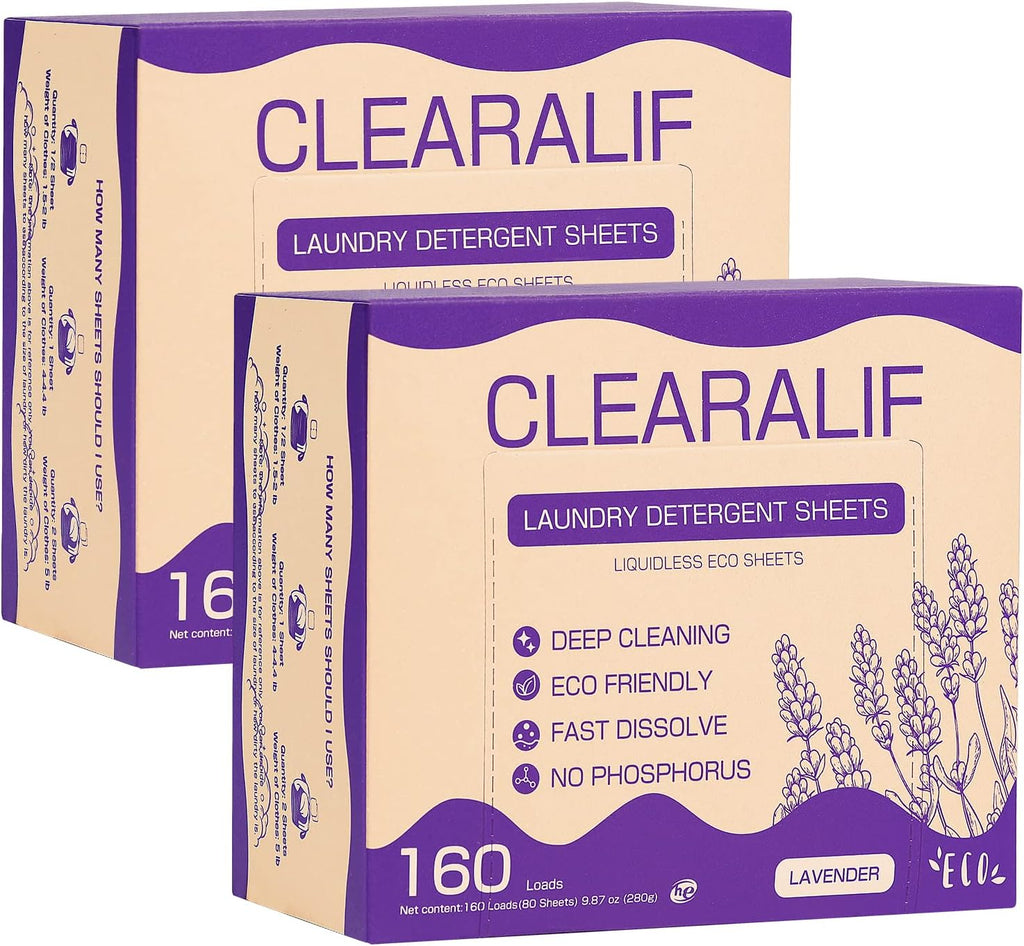 Laundry Detergent Sheets (160 Sheets), Lavender,Up to 320 Loads - Great For Travel,Apartments, Dorms,CLEARALIF Laundry Detergent Strips Eco Friendly & Hypoallergenic (80 Count, Pack of 2)