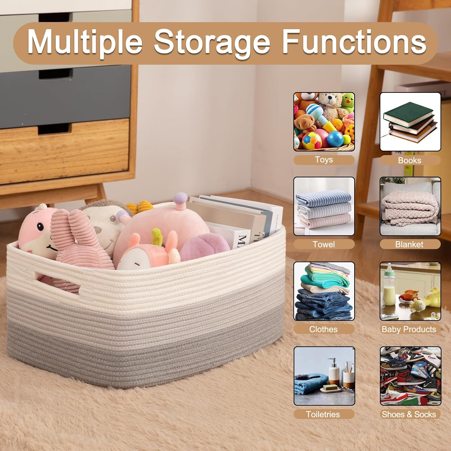 Large Storage Basket for Organizing, Woven Rope Basket for Shelves, Closet Organizer Bins for Clothes, Blanket, Toys, Baby Nursery Storage, 17.7" x 13" x 7.87", 2 Packs Gradient Grey