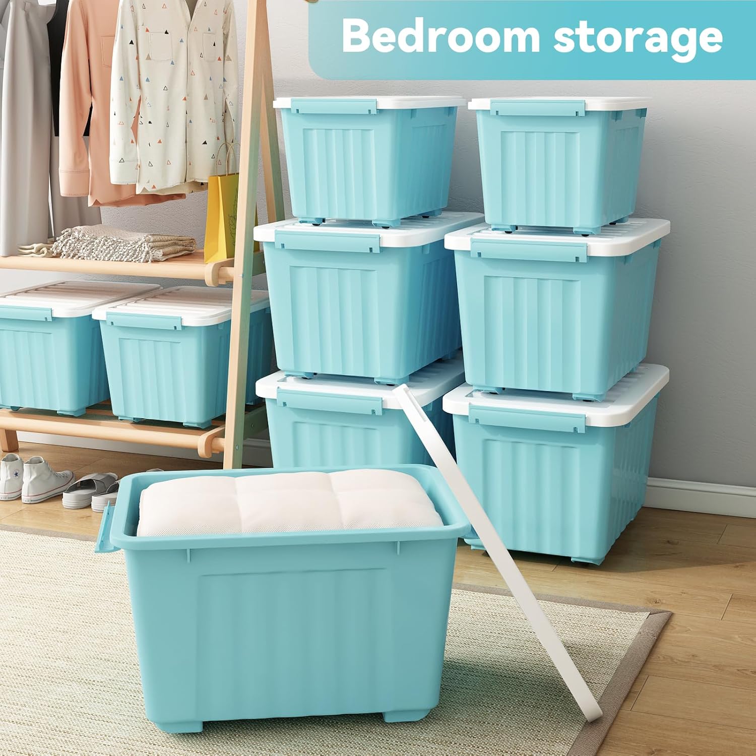Nazhura 72 Quart Plastic Storage Bin, Stackable and Nestable Storage Boxes with Lids and Secure Latching Buckles, Large Storage Container (Blue, 72Quart-4Pack)