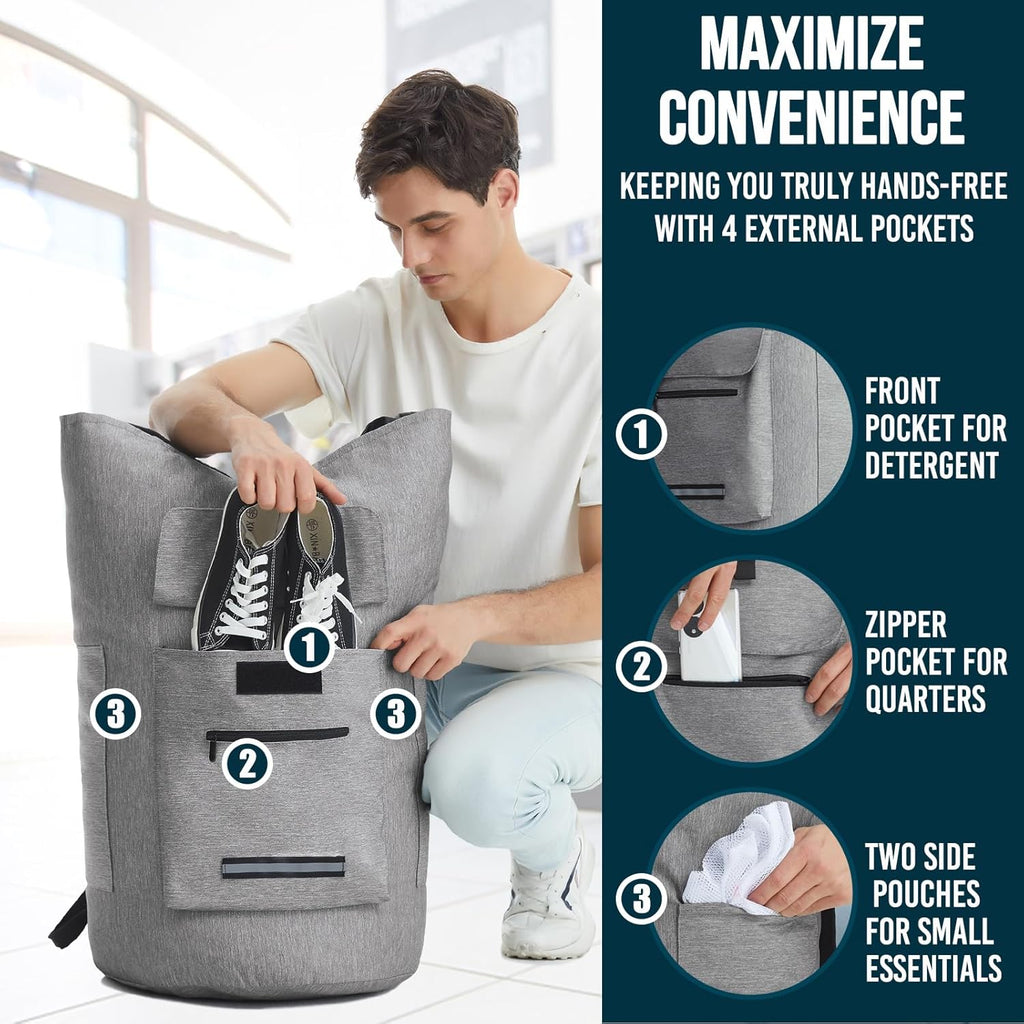 Laundry Backpack Bag, 115L Extra Large Laundry Bag with Straps, Heavy Duty Laundry Backpack with 4 Pockets, Sturdy College Backpack Laundry Bags, XL Laundromat Bags for College Dorm Room, Apartment