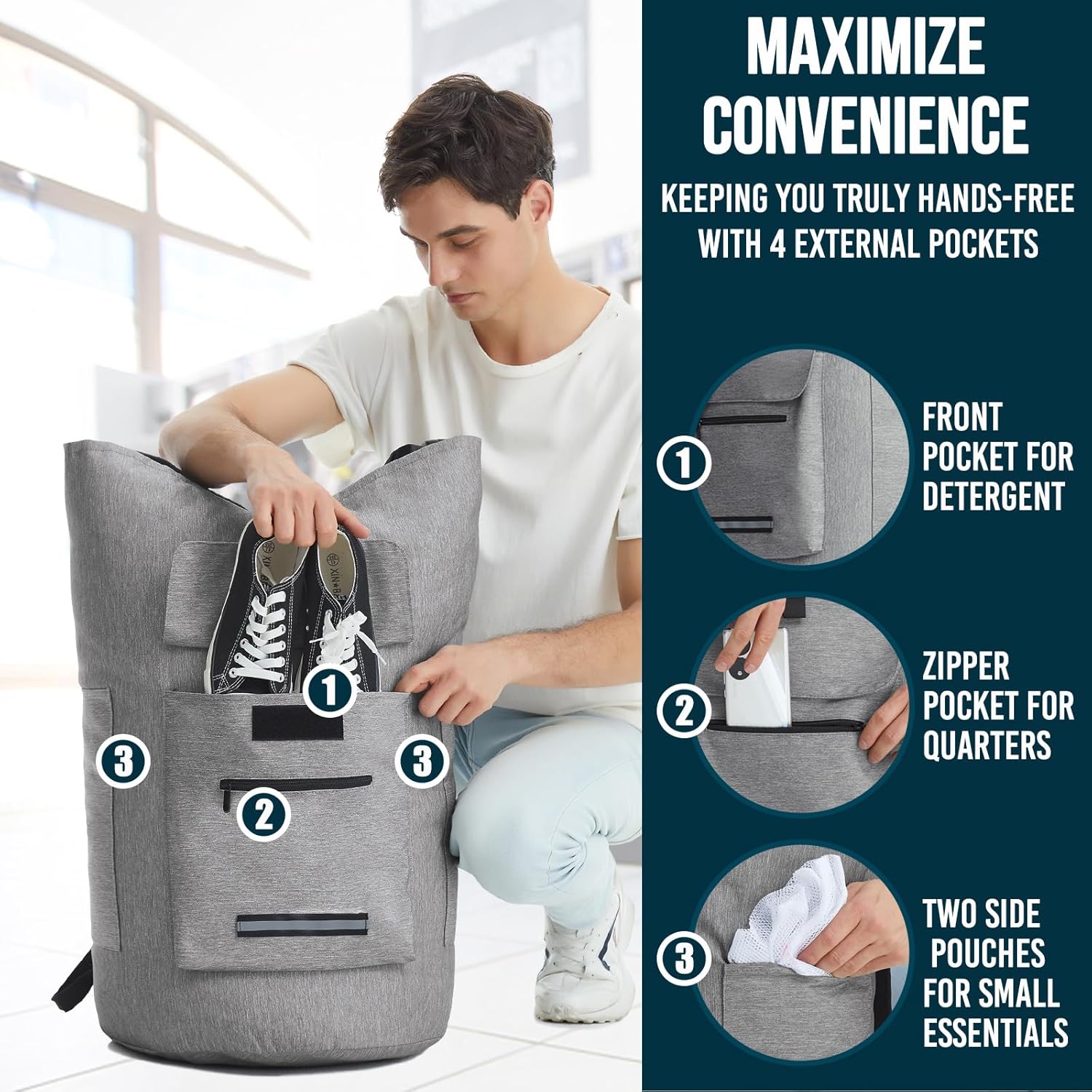 Laundry Backpack Bag, 115L Extra Large Laundry Bag with Straps, Heavy Duty Laundry Backpack with 4 Pockets, Sturdy College Backpack Laundry Bags, XL Laundromat Bags for College Dorm Room, Apartment