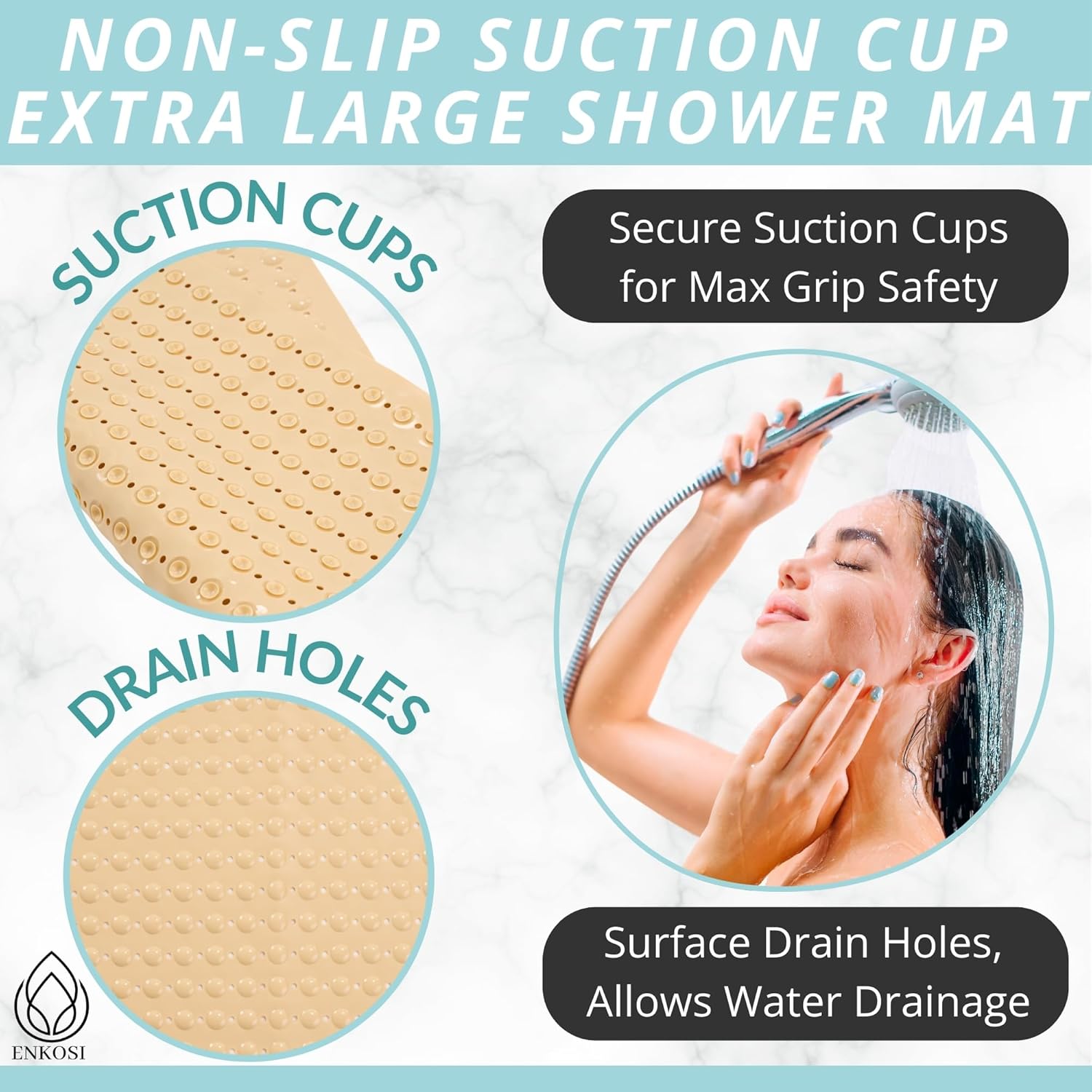 ENKOSI Extra Large Square Non Slip Shower Mat - 31 x 31-inch XL Bathroom Shower Mat - Square Shower Mats for Shower Stall Floors | Secure Suction Cups and Drain Holes (31x31 Beige Opaque)