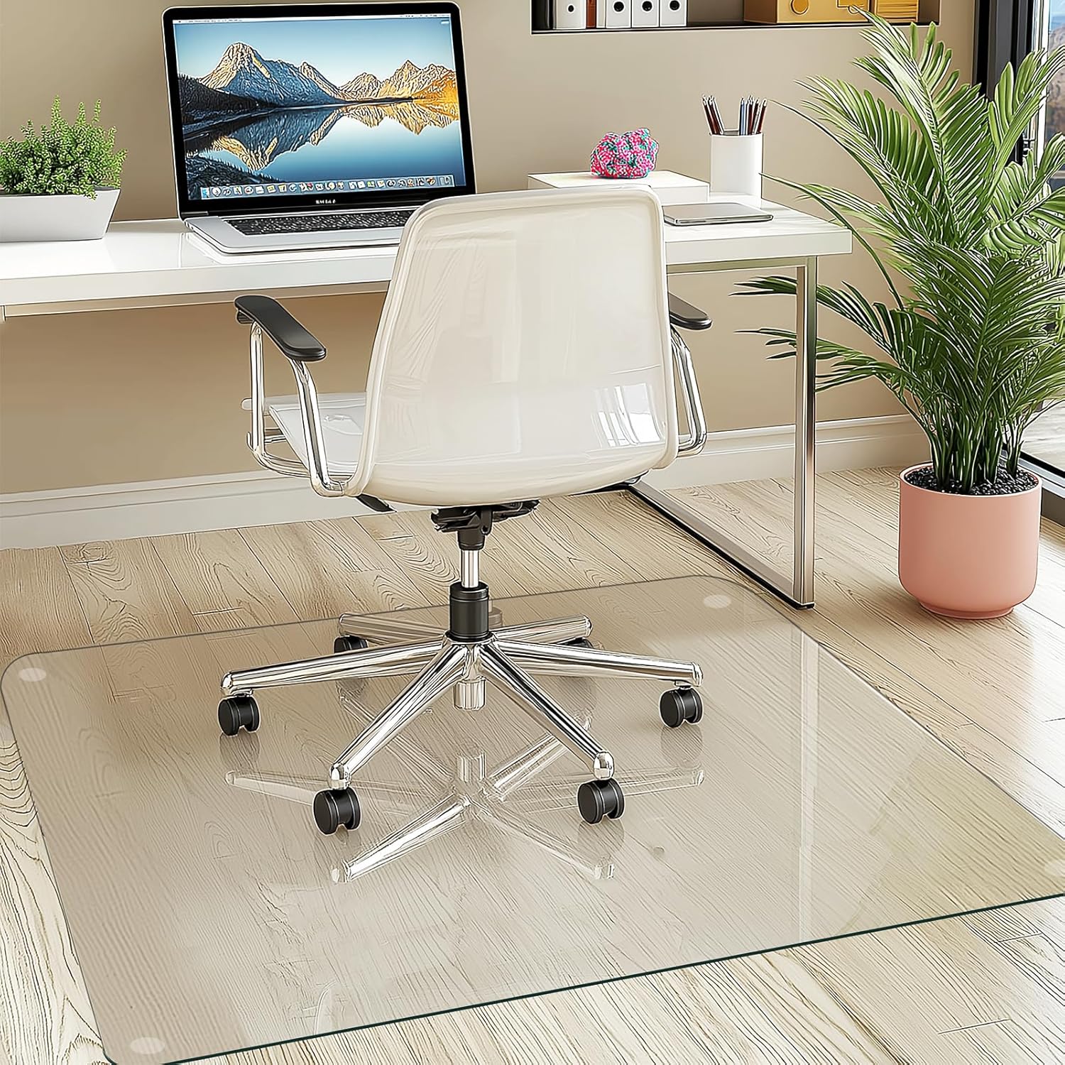 55"x46" Tempered Glass Chair Mat, Heavy Duty Glass Office Floor Mat for Carpet or Hardwood Floors, with Non-Slip Pads, Round Corner and Polished Edge, Effortless Rolling, Thick 1/5"