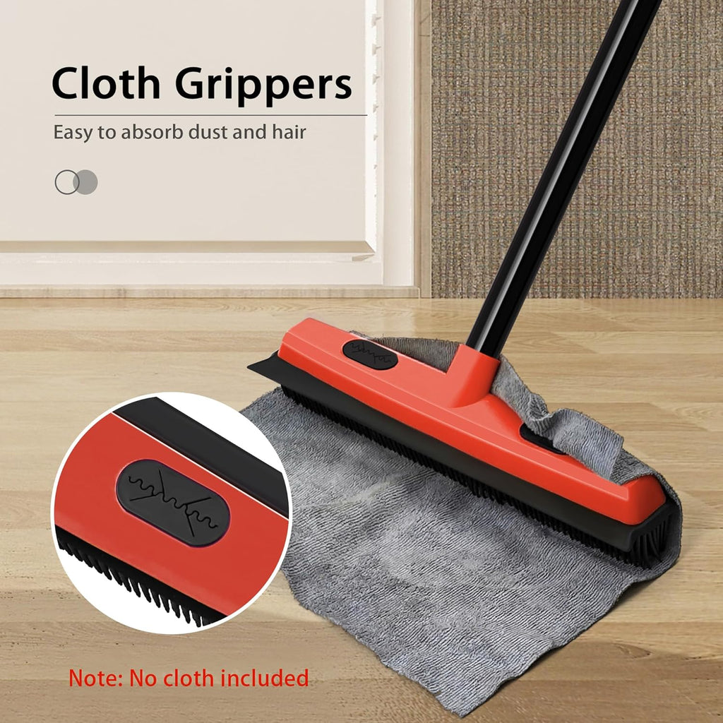 JEHONN Rubber Broom Carpet Rake Brush for Pet Hair with Squeegee, 52.8 inches Long Handle Silicone Fur Scraper Removal Tool with Detailing Lint Comb for Rug, Tile, Hardwood Floor Cleaning (Red)