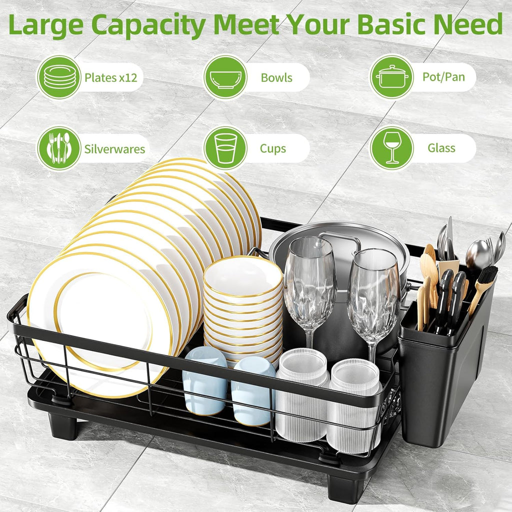 Dish Drying Rack with Drainboard for Kitchen Counter, Large Capacity Durable Rustproof Stainless Steel Dish Drainer Rack with Removable Flatware Caddy -Black
