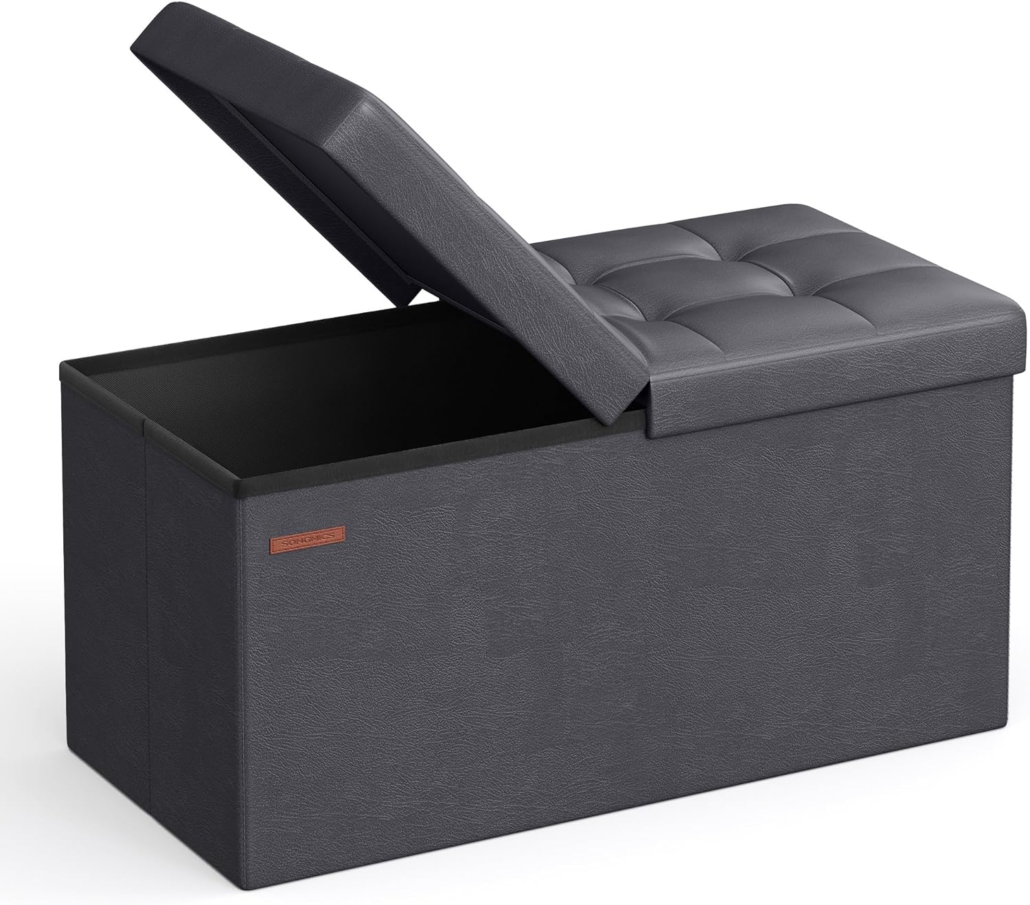 SONGMICS MAZIE Collection - 30 Inches Storage Ottoman Bench with Flipping Lid, Storage Chest Footstool, Load 660 lb, for Entryway, Living Room, Bedroom, Synthetic Leather, Dark Gray ULSF045G01